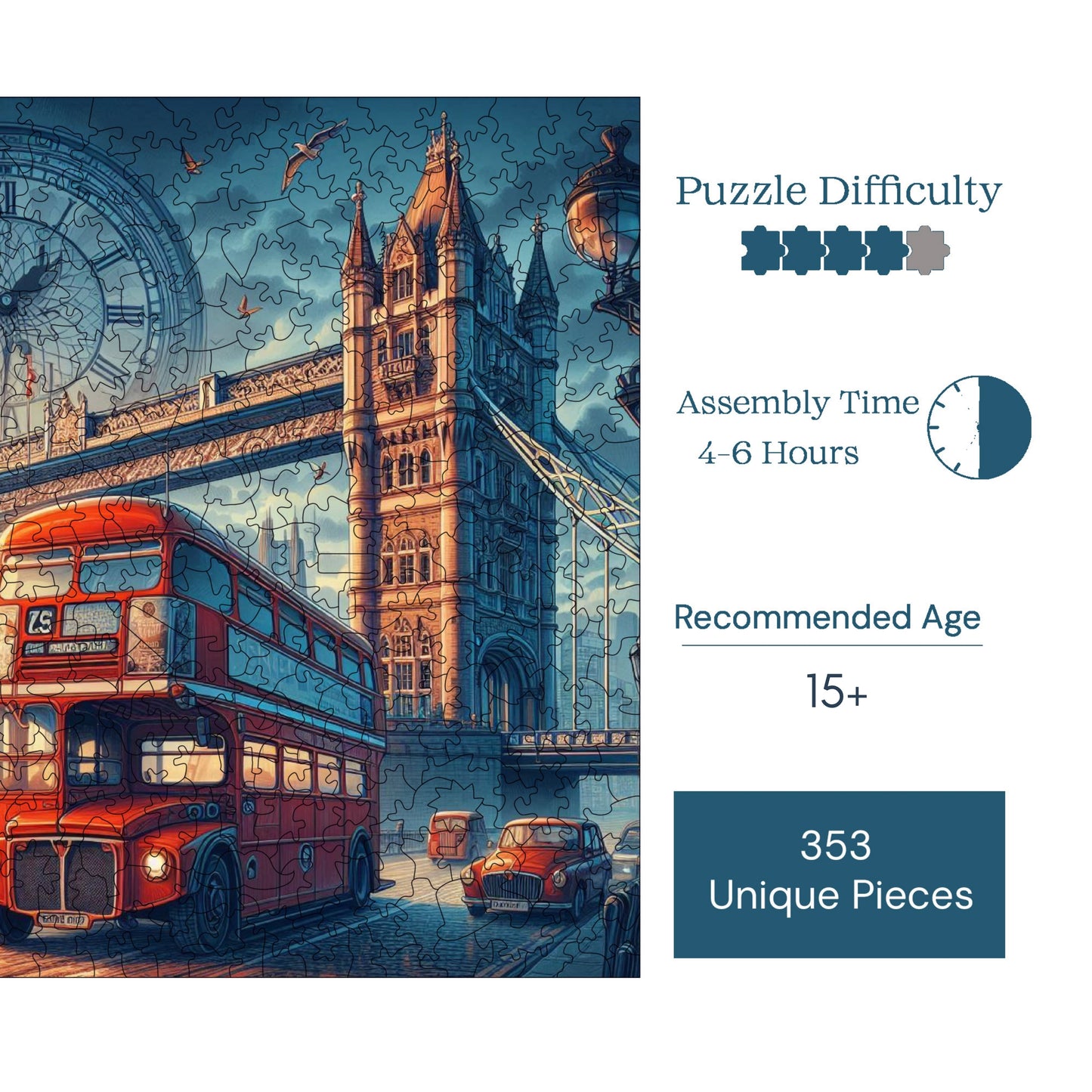 Holzpuzzle für Erwachsene, London Premium Puzzle, 353 Teile anspruchsvolles Holzpuzzle, 11,4"x11,4" (29x29 cm) einzigartige Form, Holzpuzzle für Erwachsene