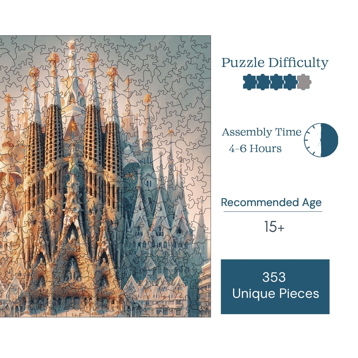 Holzpuzzle für Erwachsene, La Sagrada Familia Premium-Puzzle, 353 Teile anspruchsvolles Holzpuzzle, 11,4"x11,4" (29x29 cm) einzigartige Form, Holzpuzzle für Erwachsene
