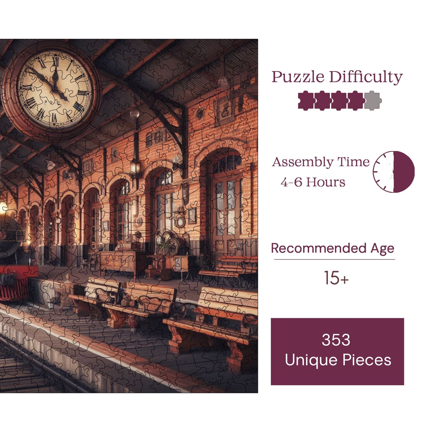 Wooden Puzzles for Adults, Old Train Station Premium Jigsaw Puzzles, 353 Pieces Challenging Wooden Jigsaw, 11,4"x11,4" (29x29 cm)