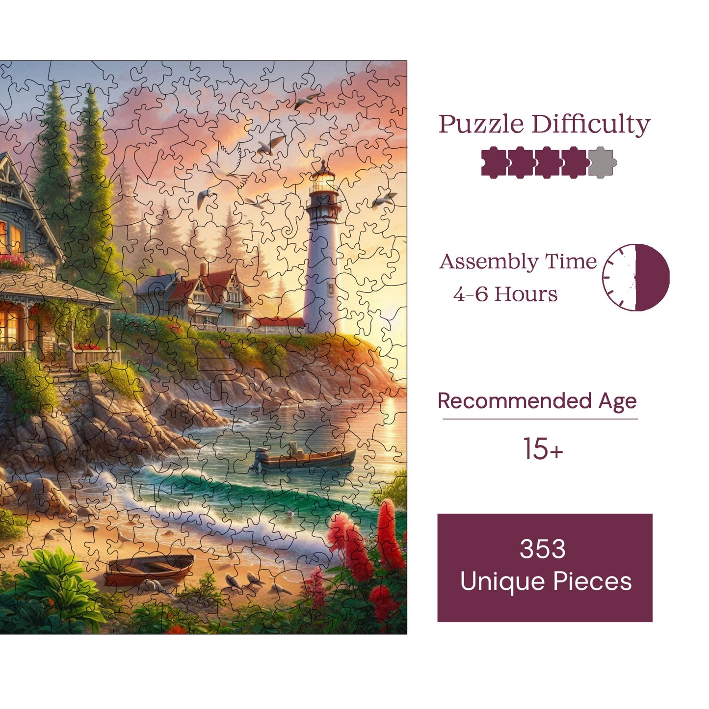 Wooden Puzzles for Adults, Lighthouse And Stone House Premium Jigsaw Puzzles, 353 Pieces Challenging Wooden Jigsaw, 11,4"x11,4" (29x29 cm)