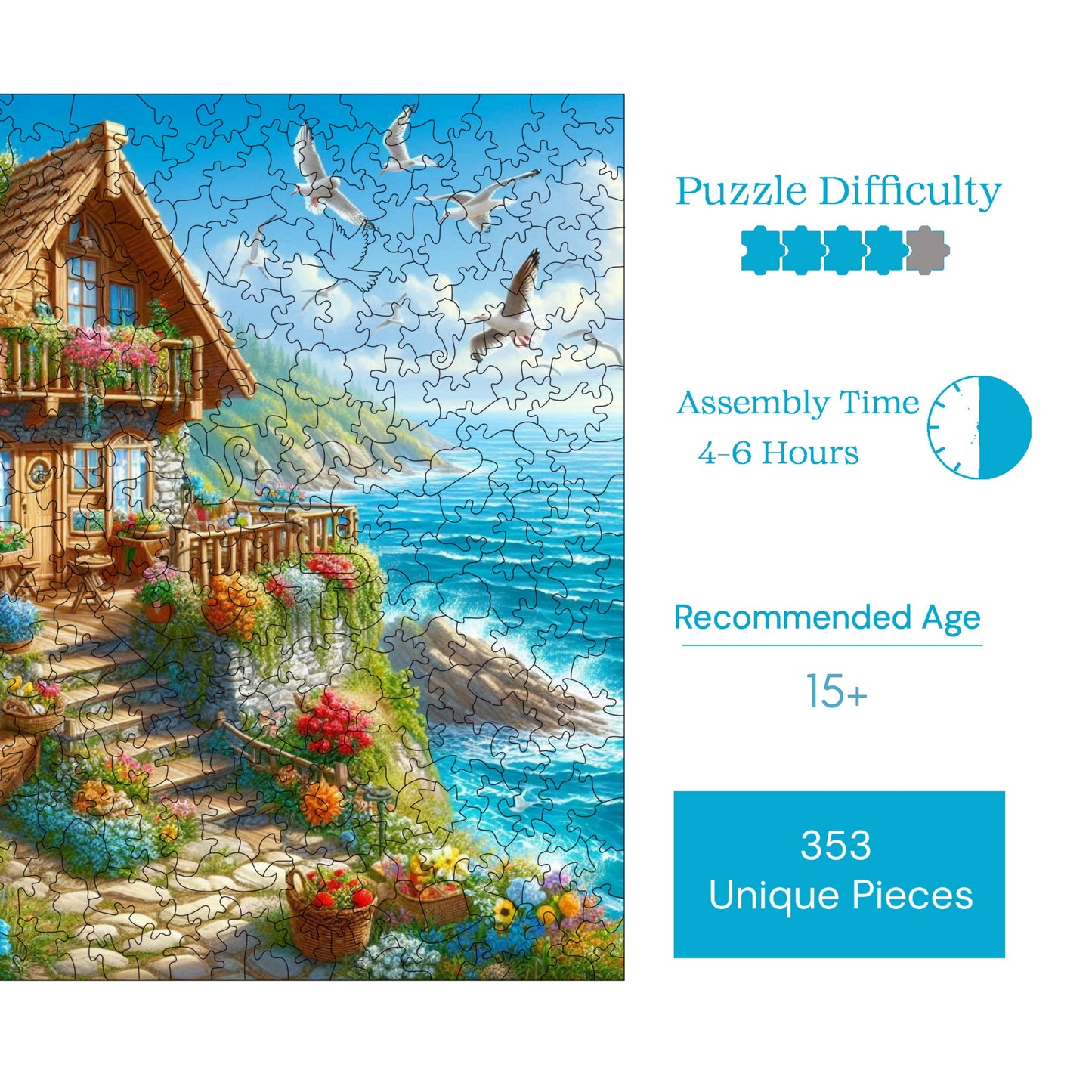 Wooden Puzzles for Adults, Cottage by the Sea Premium Jigsaw Puzzles, 353 Pieces Challenging Wooden Jigsaw, 11,4"x11,4" (29x29 cm)