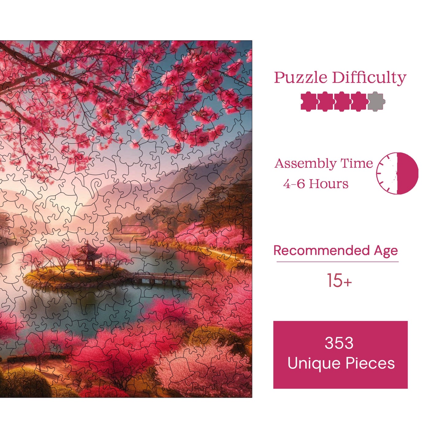 Wooden Puzzles for Adults, Cherry Blossom Dream Premium Jigsaw Puzzles, 353 Pieces Challenging Wooden Jigsaw, 11,4"x11,4" (29x29 cm)