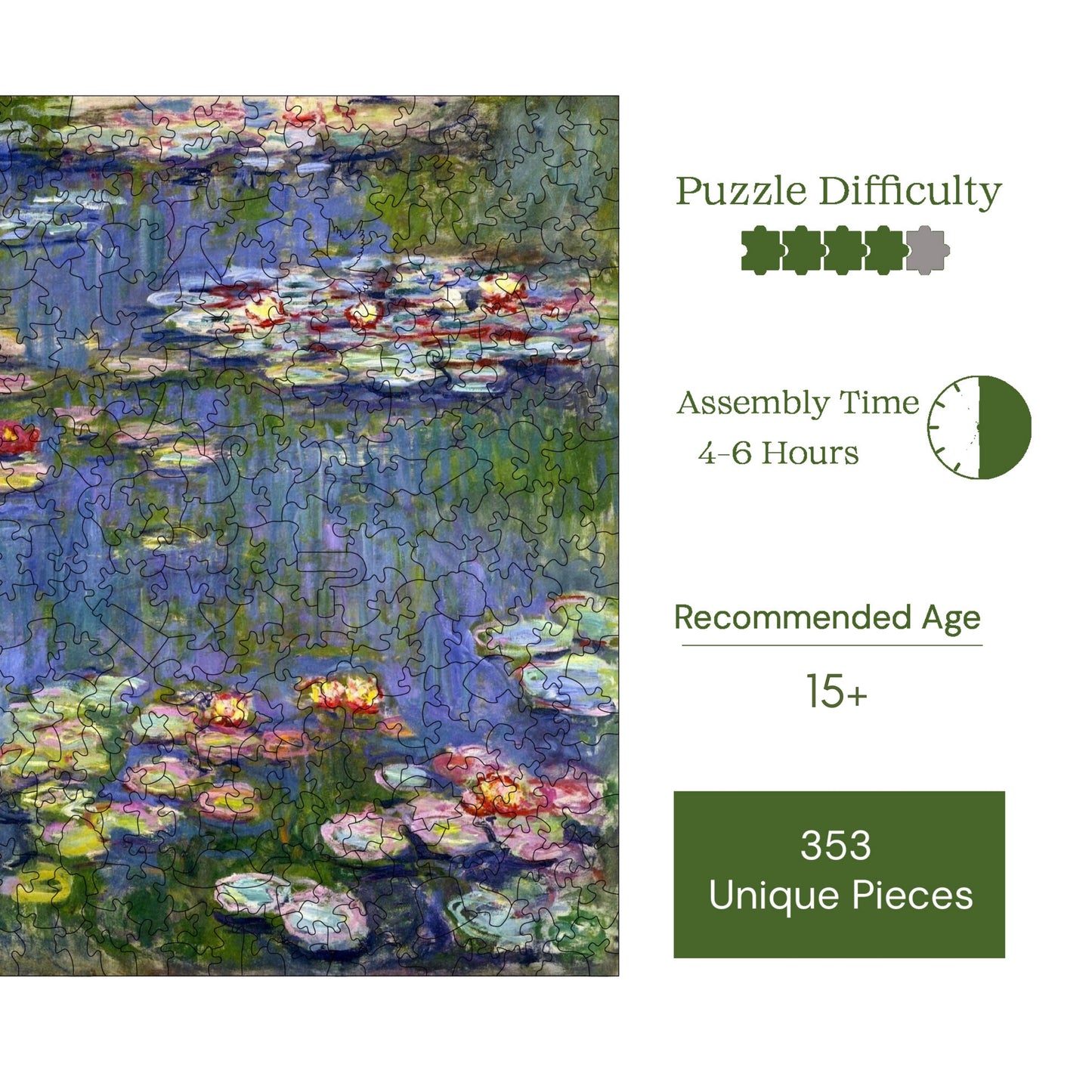 Wooden Puzzles for Adults, Claude Monet Water Lilies Premium Jigsaw Puzzles, 353 Pieces Challenging Wooden Jigsaw, 11,4"x11,4" (29x29 cm)