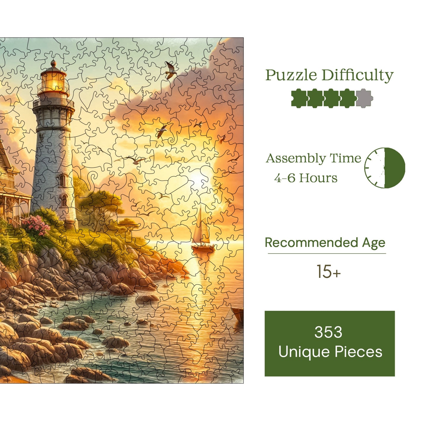 Wooden Puzzles for Adults, Sunset at the Lighthouse Premium Jigsaw Puzzles, 353 Pieces Challenging Wooden Jigsaw, 11,4"x11,4" (29x29 cm)
