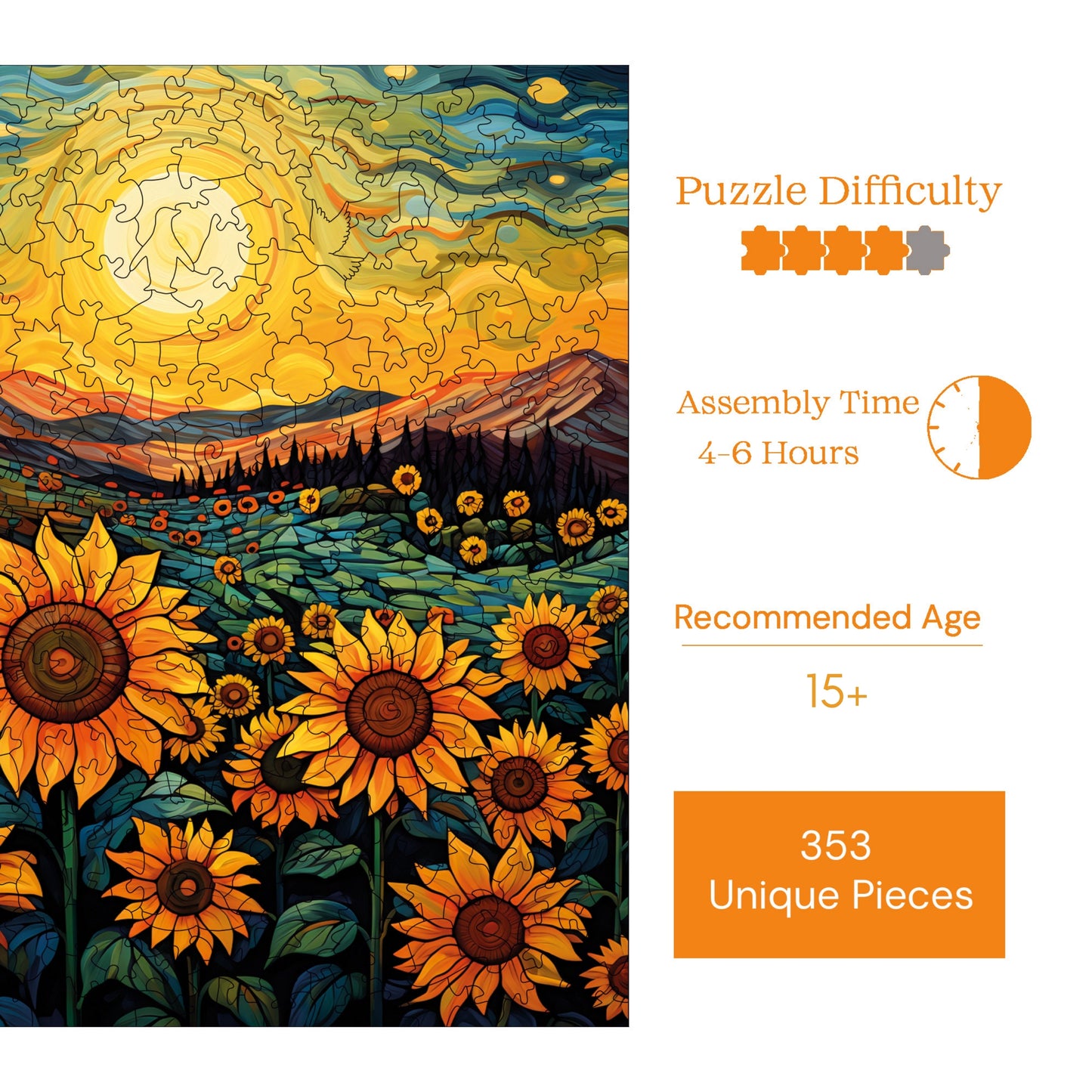Wooden Puzzles for Adults, Evening in the Sunflower Field Premium Jigsaw Puzzles, 353 Pieces Challenging Wooden Jigsaw, 11,4"x11,4" (29x29 cm)