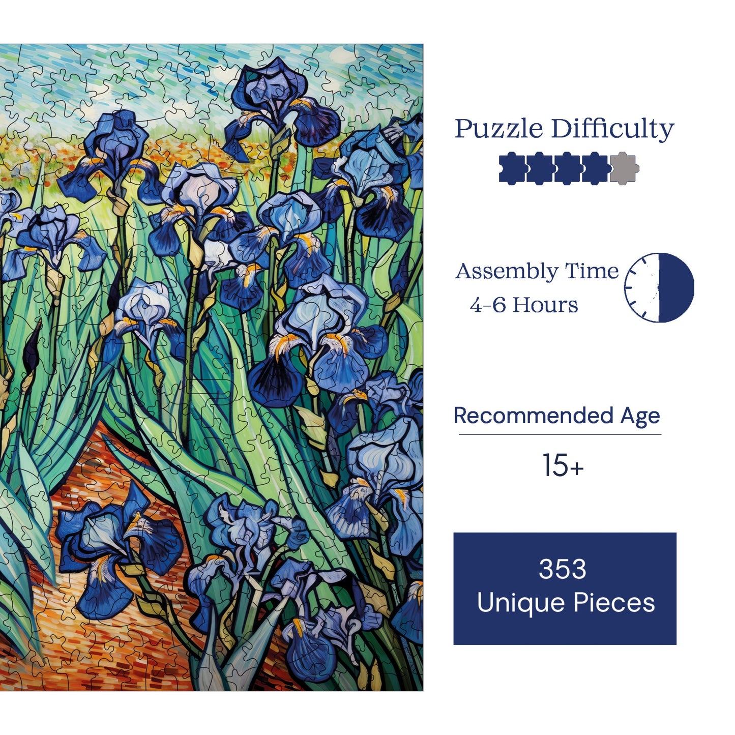 Wooden Puzzles for Adults, Van Gogh Irises Reproduction Premium Jigsaw Puzzles, 353 Pieces Challenging Wooden Jigsaw, 11,4"x11,4" (29x29 cm)