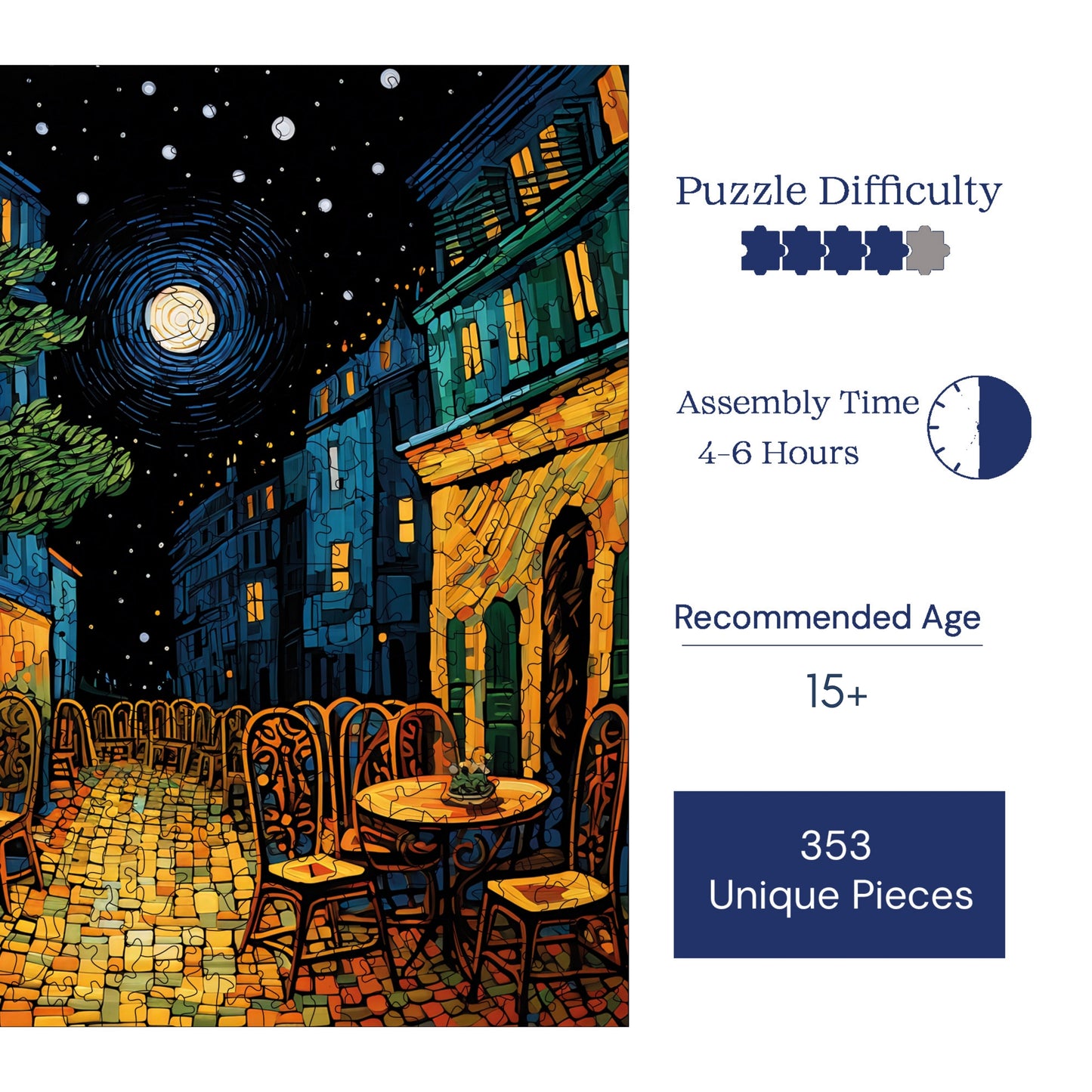 Wooden Puzzles for Adults, Van Gogh Cafe Terrace Night Reproduction Premium Jigsaw Puzzles, 353 Pieces Wooden Jigsaw, 11,4"x11,4" (29x29 cm)