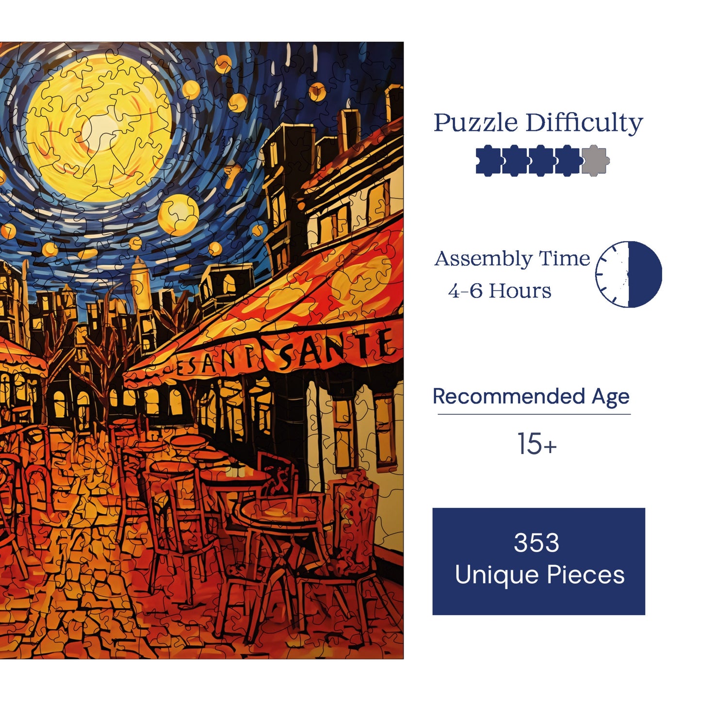 Wooden Puzzles for Adults, Van Gogh Cafe Terrace Starry Night Reproduction Premium Jigsaw Puzzles, 353 Pieces Wooden Jigsaw, 11,4"x11,4" (29x29 cm)