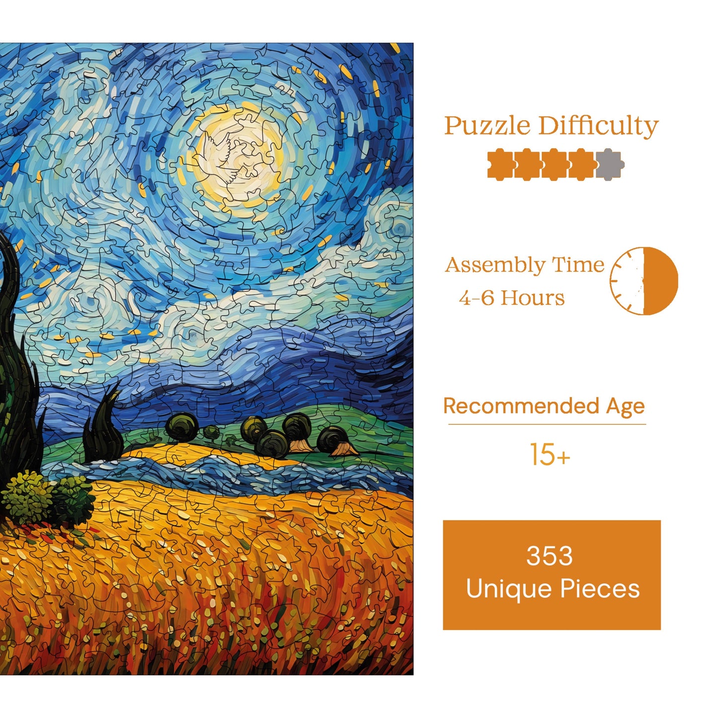 Wooden Puzzles for Adults, Van Gogh Starry Night Reproduction Premium Jigsaw Puzzles, 353 Pieces Challenging Wooden Jigsaw, 11,4"x11,4" (29x29 cm)
