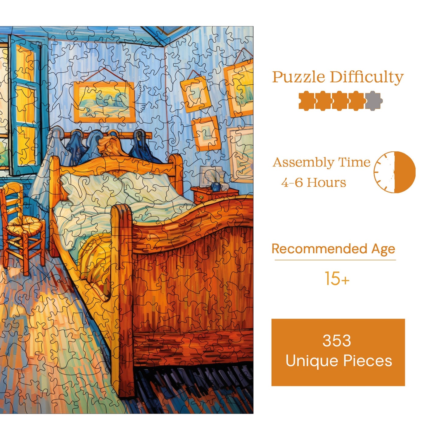Wooden Puzzles for Adults, Van Gogh Bedroom Reproduction Premium Jigsaw Puzzles, 353 Pieces Challenging Wooden Jigsaw, 11,4"x11,4" (29x29 cm)