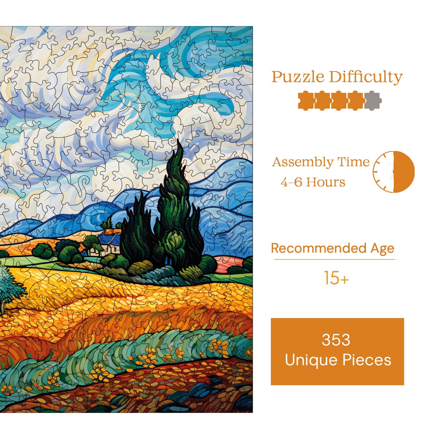 Wooden Puzzles for Adults, Van Gogh Wheat Field with Cypresses Reproduction Premium Jigsaw Puzzles, 353 Pieces Wooden Jigsaw, 11,4"x11,4" (29x29 cm)