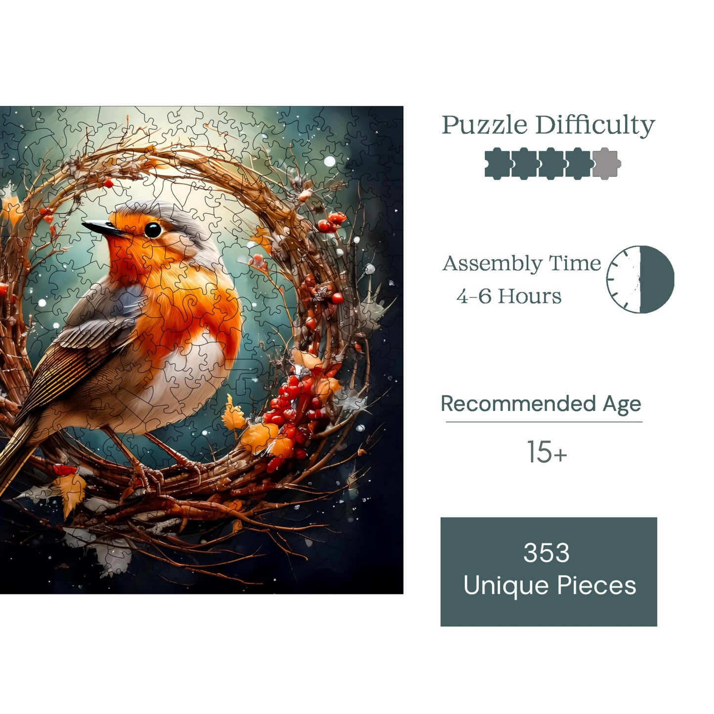 Holzpuzzle für Erwachsene, Rotkehlchen-Vogel-Premium-Puzzle, 353 Teile anspruchsvolles Holzpuzzle, 11,4"x11,4" (29x29 cm) einzigartige Form, Holzpuzzle für Erwachsene