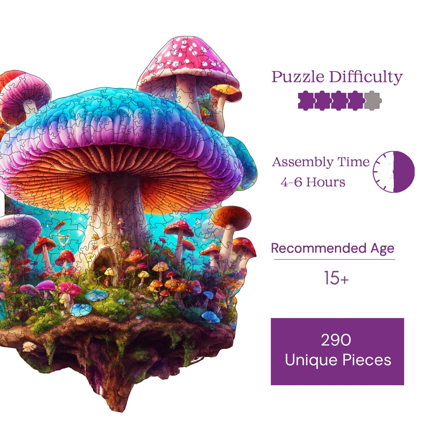 Wooden Puzzles for Adults, Mushroom Island Premium Jigsaw Puzzles, 290 Pieces Challenging Wooden Jigsaw, 11,4"x15" (29x38 cm)
