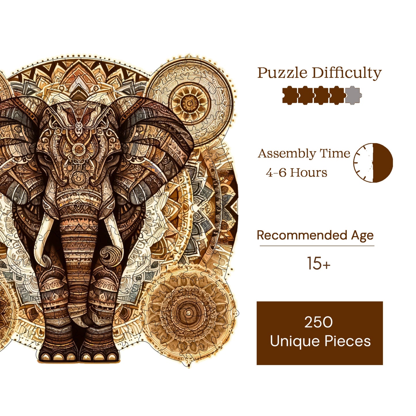 Holzpuzzle für Erwachsene, Majestätisches Mandala-Elefant-Premium-Puzzle, 250 Teile anspruchsvolles Holzpuzzle, 11,4"x11" (29x28 cm) einzigartige Form, Holzpuzzle für Erwachsene