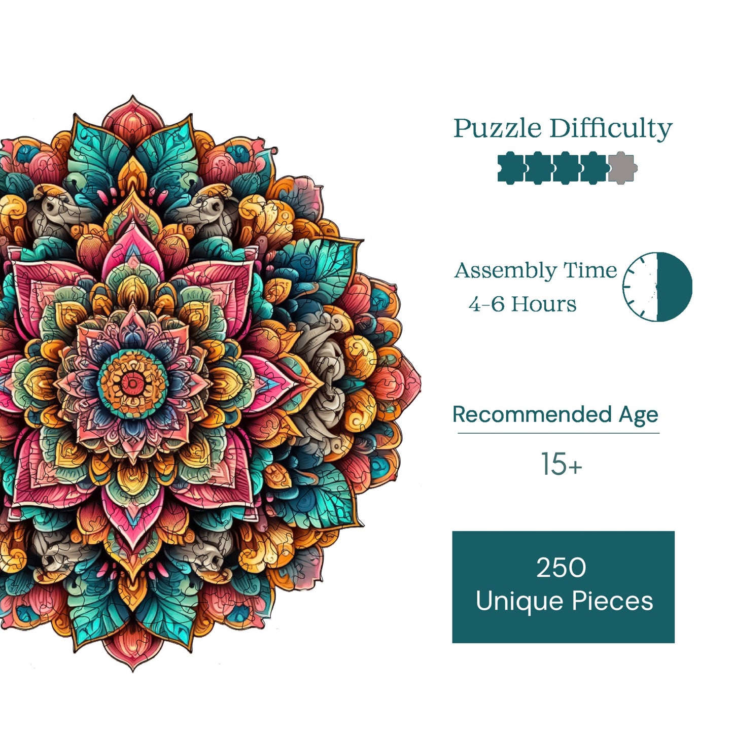 Wooden Puzzles for Adults, Mandala Art Premium Jigsaw Puzzles, 250 Pieces Challenging Wooden Jigsaw, 11,4"x11,4" (29x29 cm)