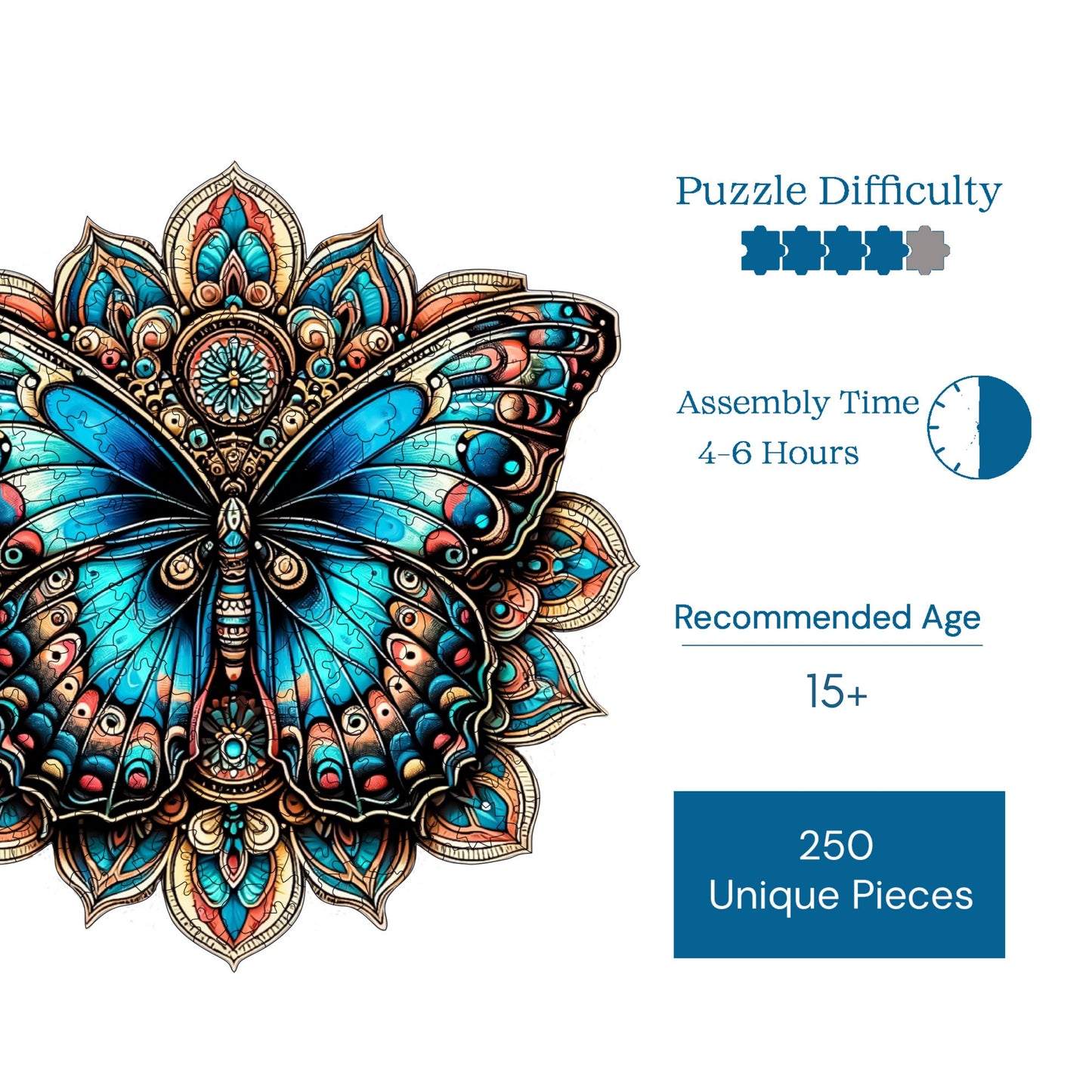 Holzpuzzle für Erwachsene, Mandala-Schmetterling, Premium-Puzzle, 250 Teile, anspruchsvolles Holzpuzzle, 29 x 29 cm, einzigartige Form, Holzpuzzle für Erwachsene