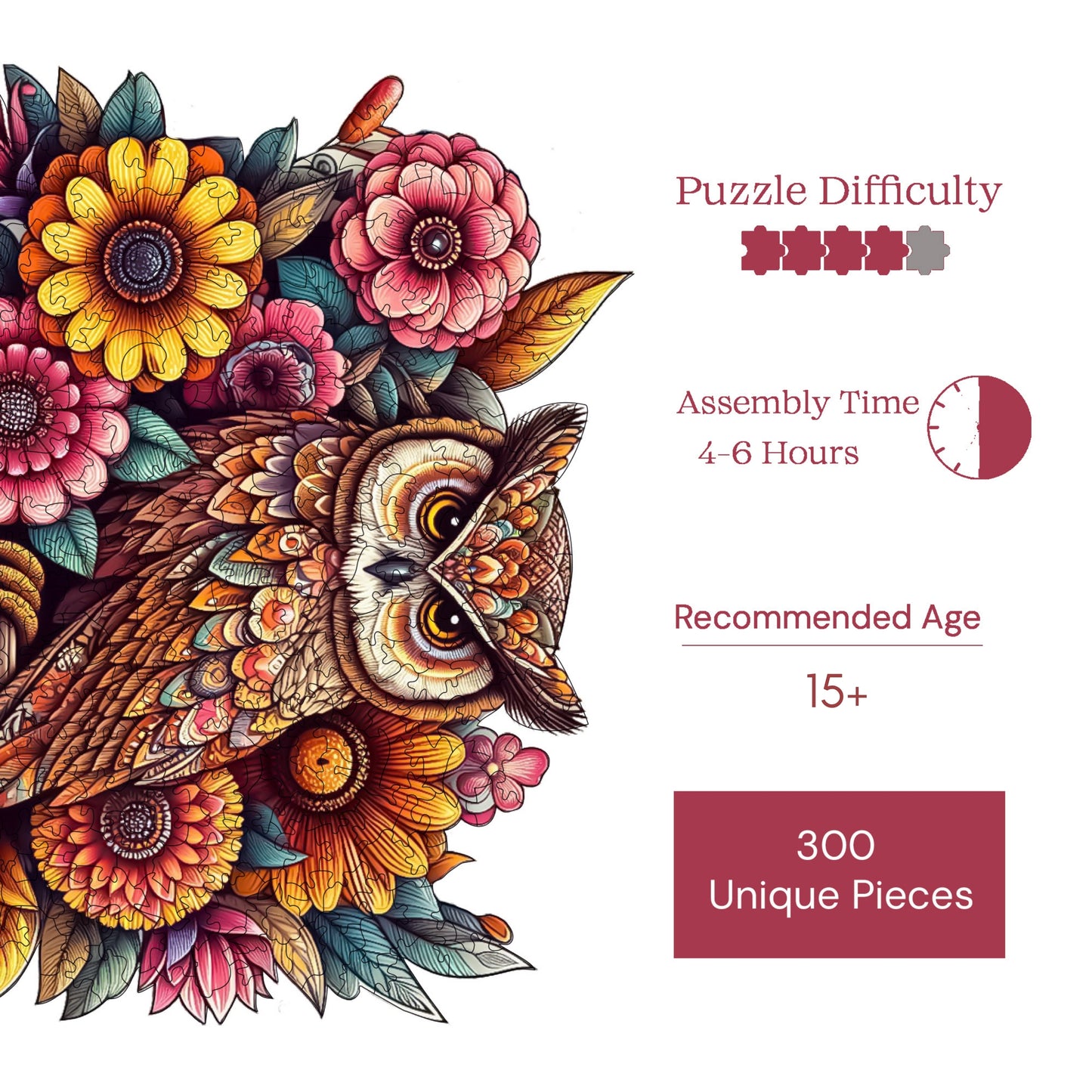 Holzpuzzle für Erwachsene, Flowery Owl Premium Puzzle, 300 Teile anspruchsvolles Holzpuzzle, 11,4"x13" (29x33 cm) einzigartige Form, Holzpuzzle für Erwachsene