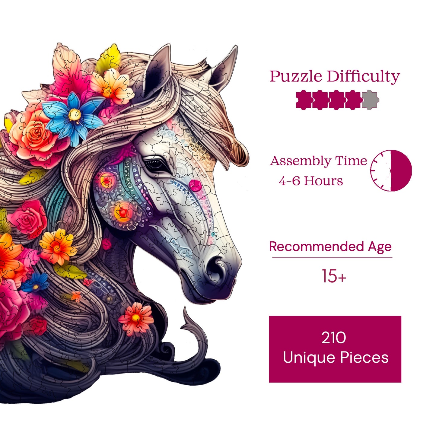Holzpuzzle für Erwachsene, Premium-Puzzle mit Pferd mit Blumenmähne, 210 Teile, anspruchsvolles Holzpuzzle, 27 x 29 cm (10,6 x 11,4 Zoll), einzigartige Form, Holzpuzzle für Erwachsene