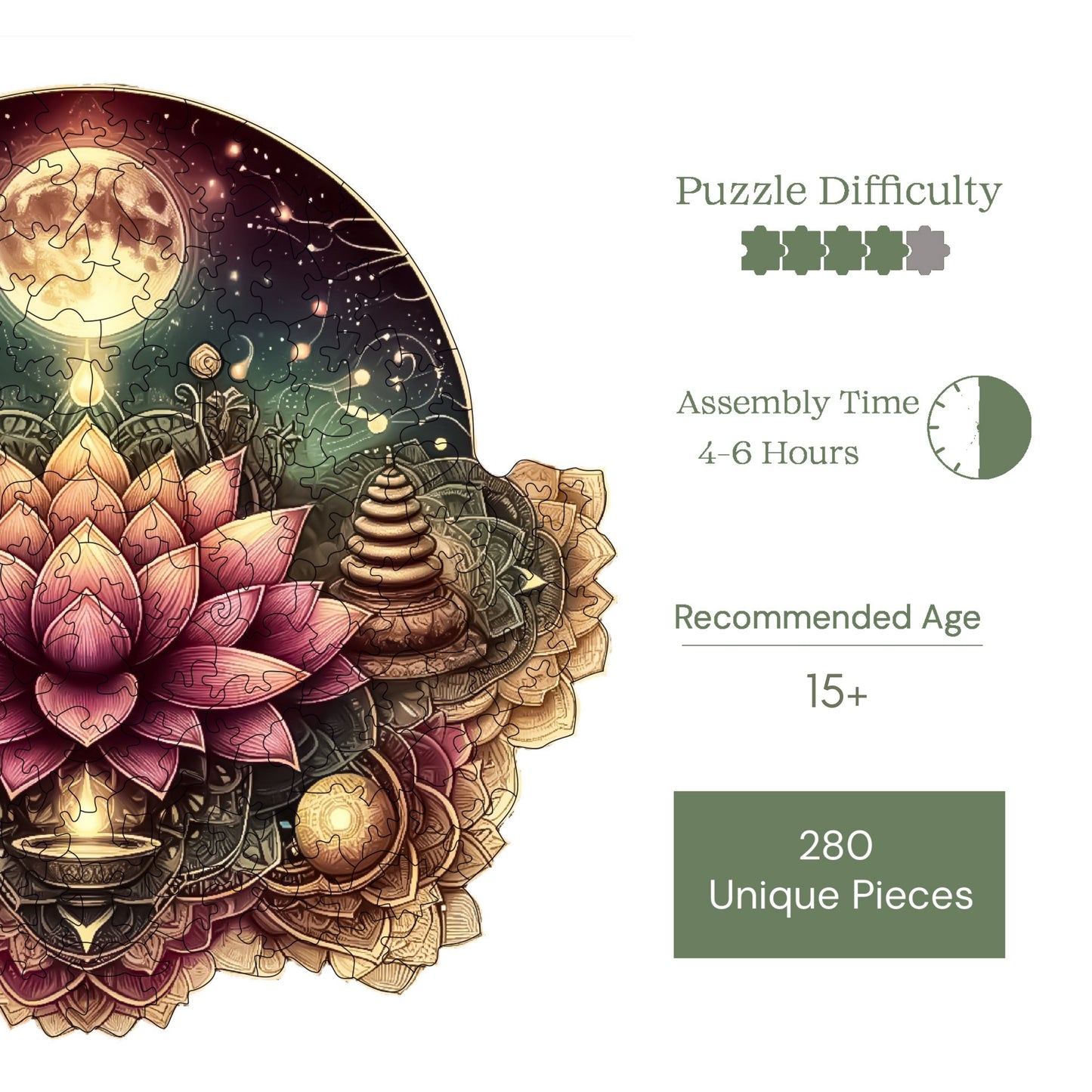 Wooden Puzzles for Adults, Starry Lotus Mandala Premium Jigsaw Puzzles, 280 Pieces Challenging Wooden Jigsaw, 11,4"x10,2" (29x26 cm)
