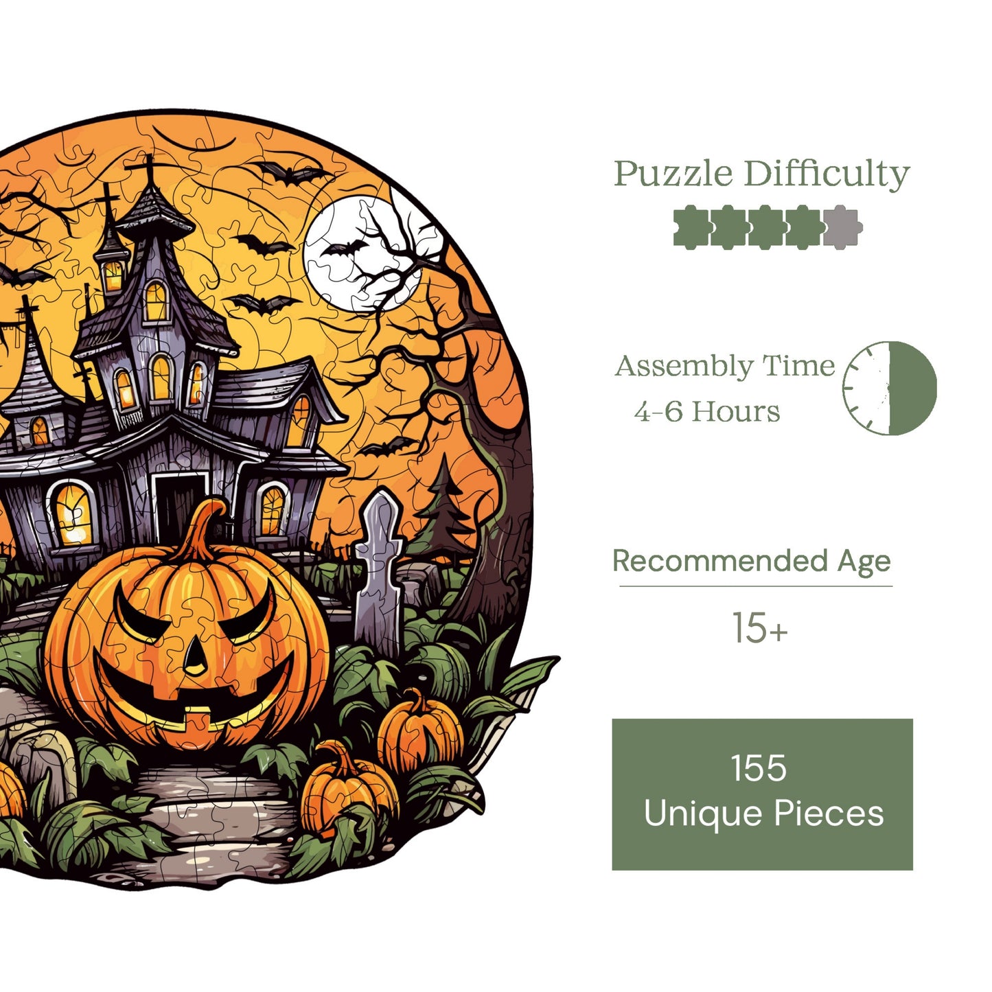 Wooden Puzzles for Adults, Haunted Mansion Premium Jigsaw Puzzles, 155 Pieces Challenging Wooden Jigsaw, 11,4"x11,4" (29x29 cm)