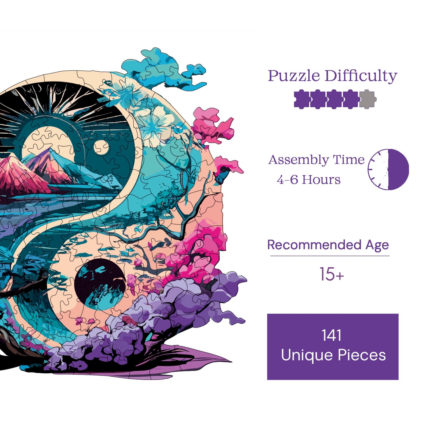 Wooden Puzzles for Adults, Yin Yang Premium Jigsaw Puzzles, 141 Pieces Challenging Wooden Jigsaw, 11"x11" (28x28 cm)