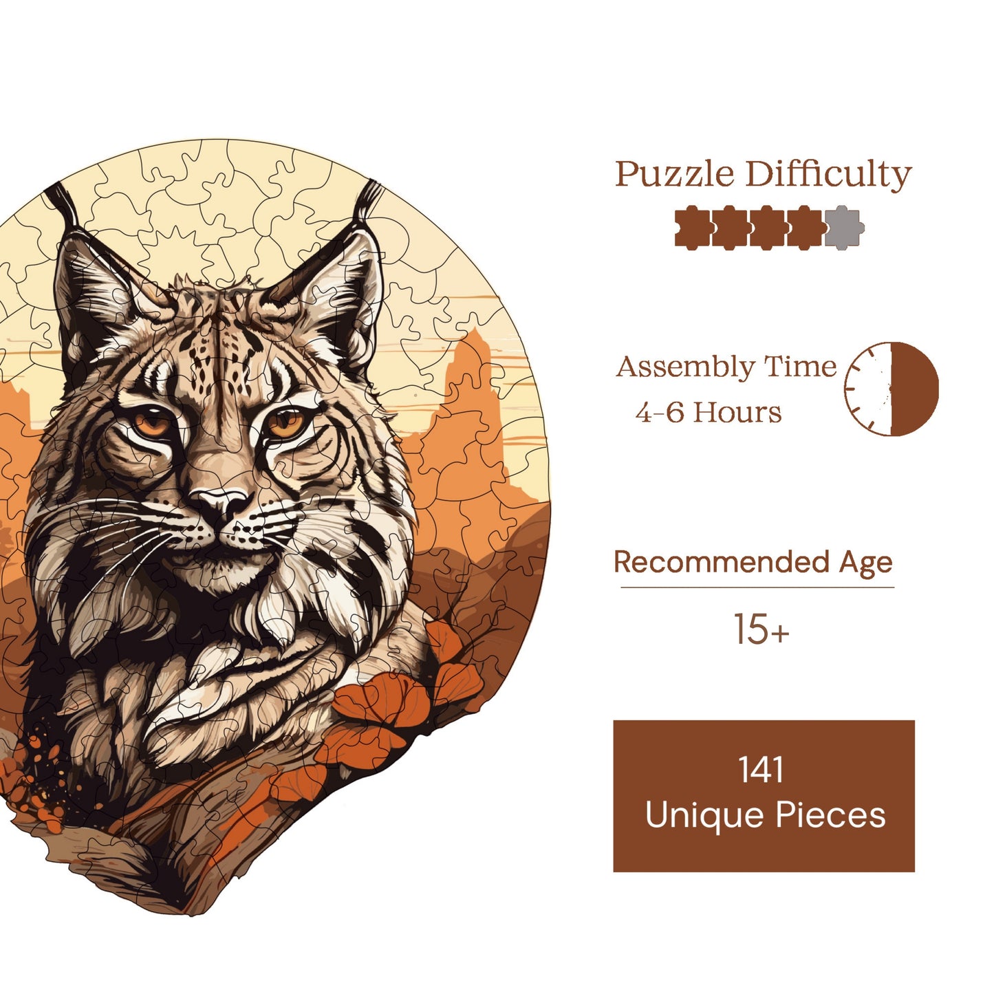 Holzpuzzle für Erwachsene, Desert Lynx Premium Puzzle, 141 Teile anspruchsvolles Holzpuzzle, 9,4"x11" (24x28 cm) einzigartige Form, Holzpuzzle für Erwachsene