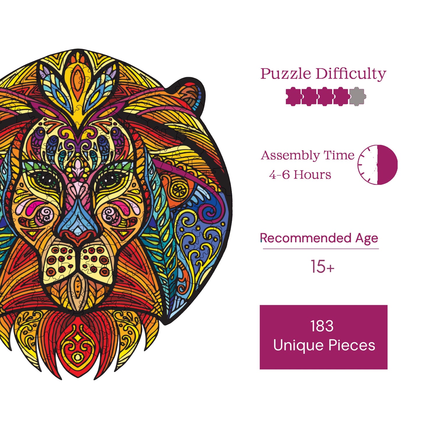 Wooden Puzzles for Adults, Lion Figure Premium Jigsaw Puzzles, 183 Pieces Challenging Wooden Jigsaw, 10,6"x11,4" (27x29 cm)
