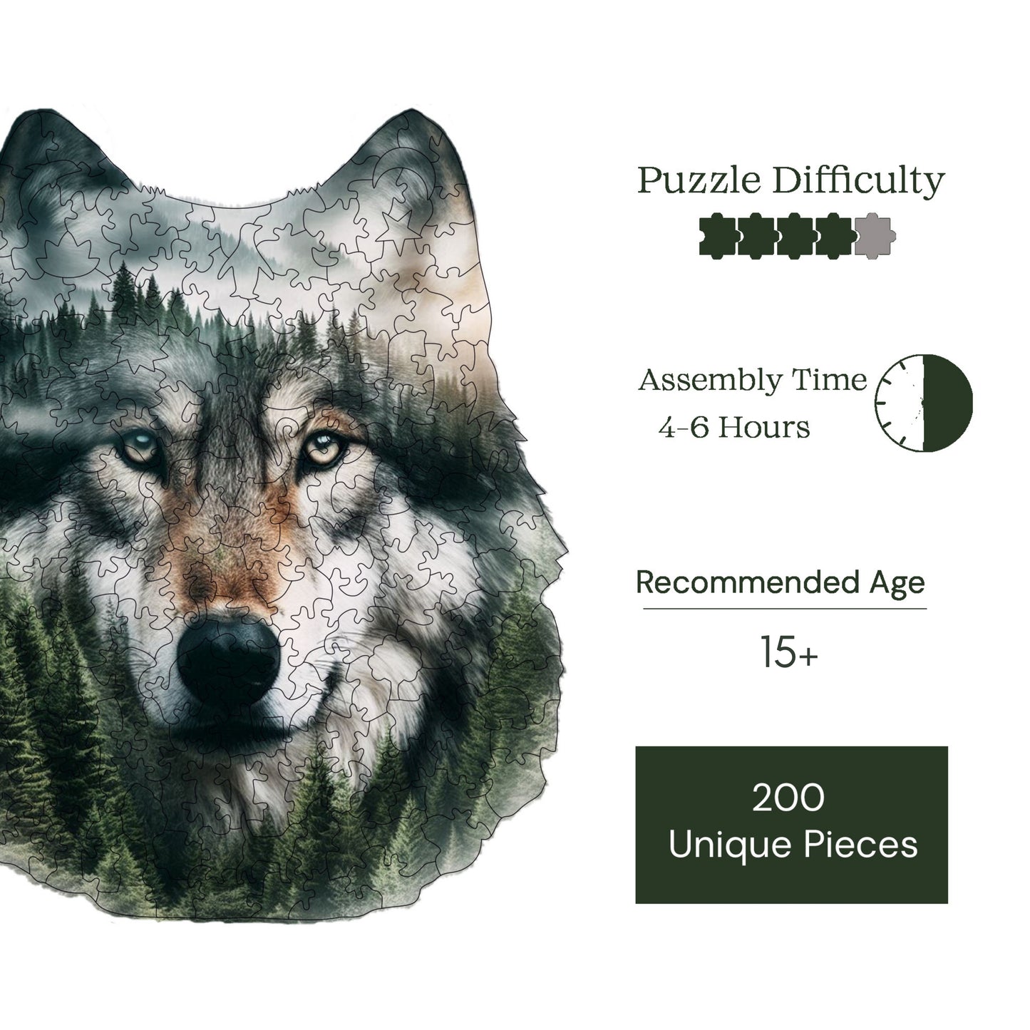 Holzpuzzle für Erwachsene, Grauer Wolf, Premium-Puzzle, 200 Teile, anspruchsvolles Holzpuzzle, 9,4"x11,4" (24x29 cm), einzigartige Form, Holzpuzzle für Erwachsene