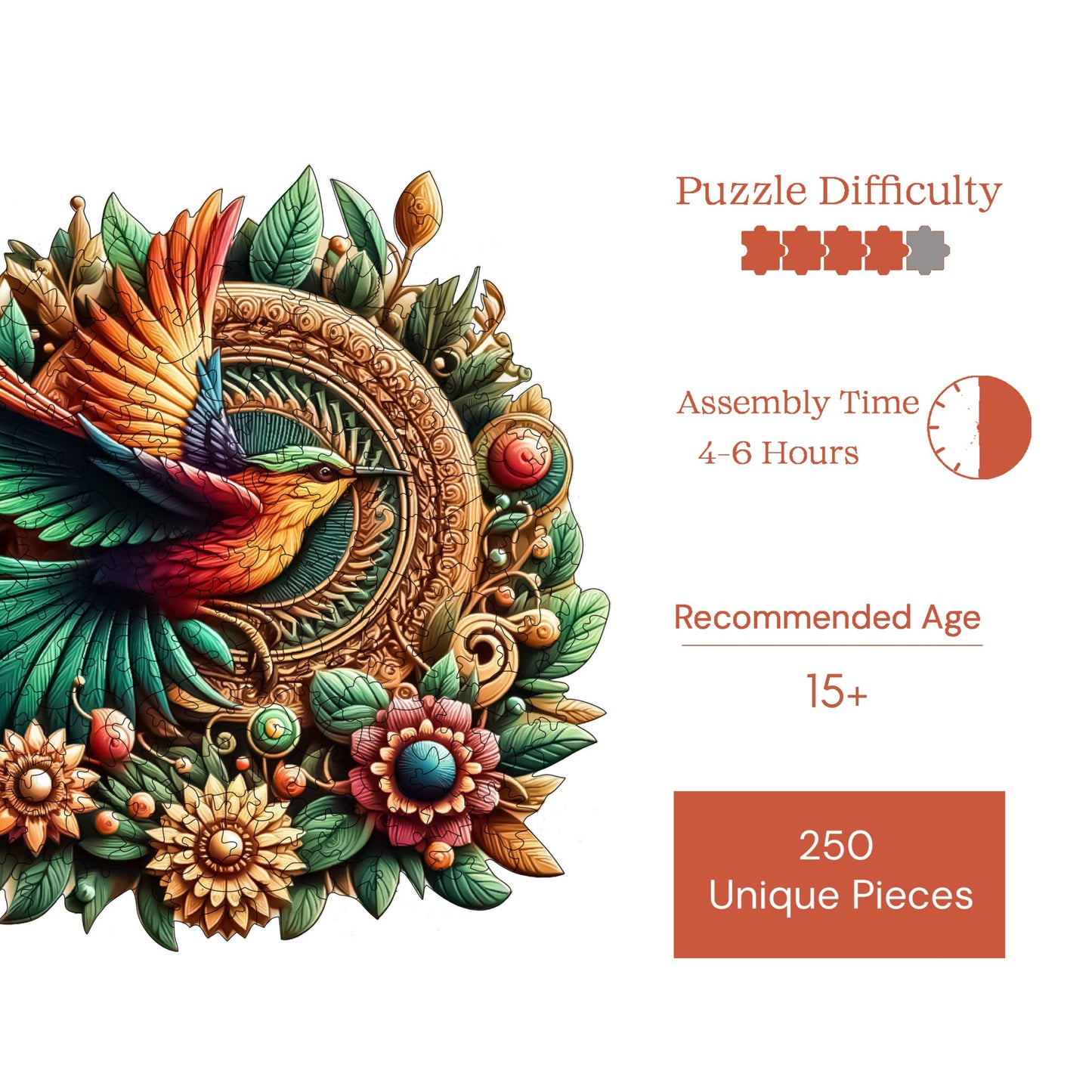 Holzpuzzle für Erwachsene, Kolibri-Premium-Puzzle, 250 Teile anspruchsvolles Holzpuzzle, 11,4"x11" (29x28 cm) einzigartige Form, Holzpuzzle für Erwachsene