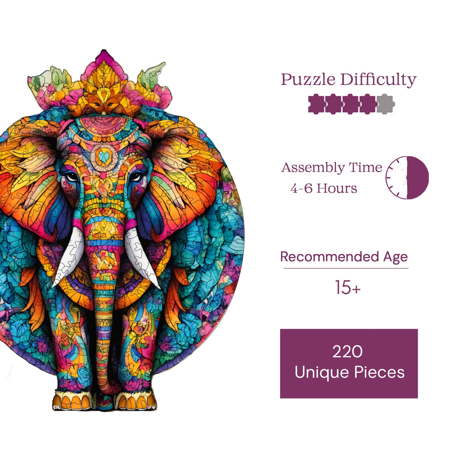 Holzpuzzle für Erwachsene, Mandala-Elefant, Premium-Puzzle, 220 Teile, anspruchsvolles Holzpuzzle, 28 x 36 cm, einzigartige Form, Holzpuzzle für Erwachsene