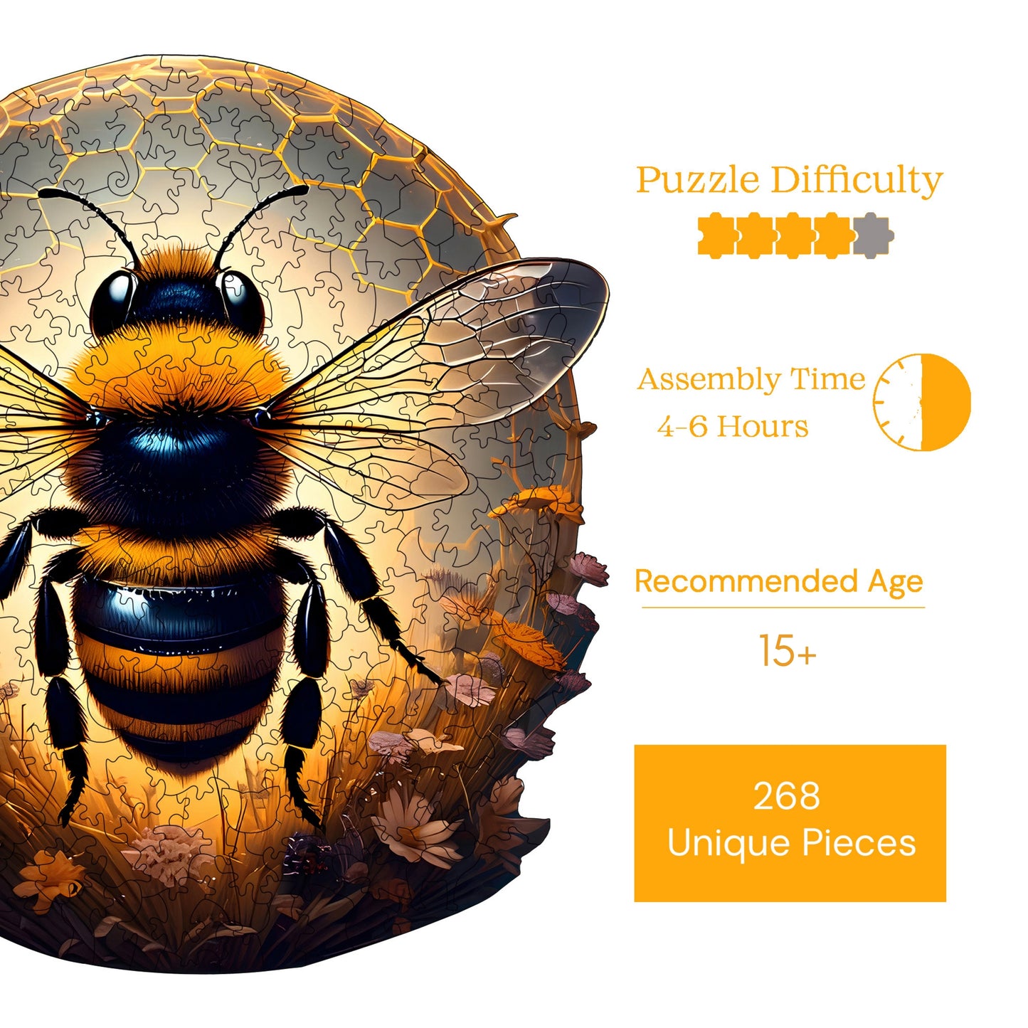 Holzpuzzle für Erwachsene, Bienen-Premium-Puzzle, 268 Teile, anspruchsvolles Holzpuzzle, 11"x11,8" (28x30 cm), einzigartige Form, Holzpuzzle für Erwachsene