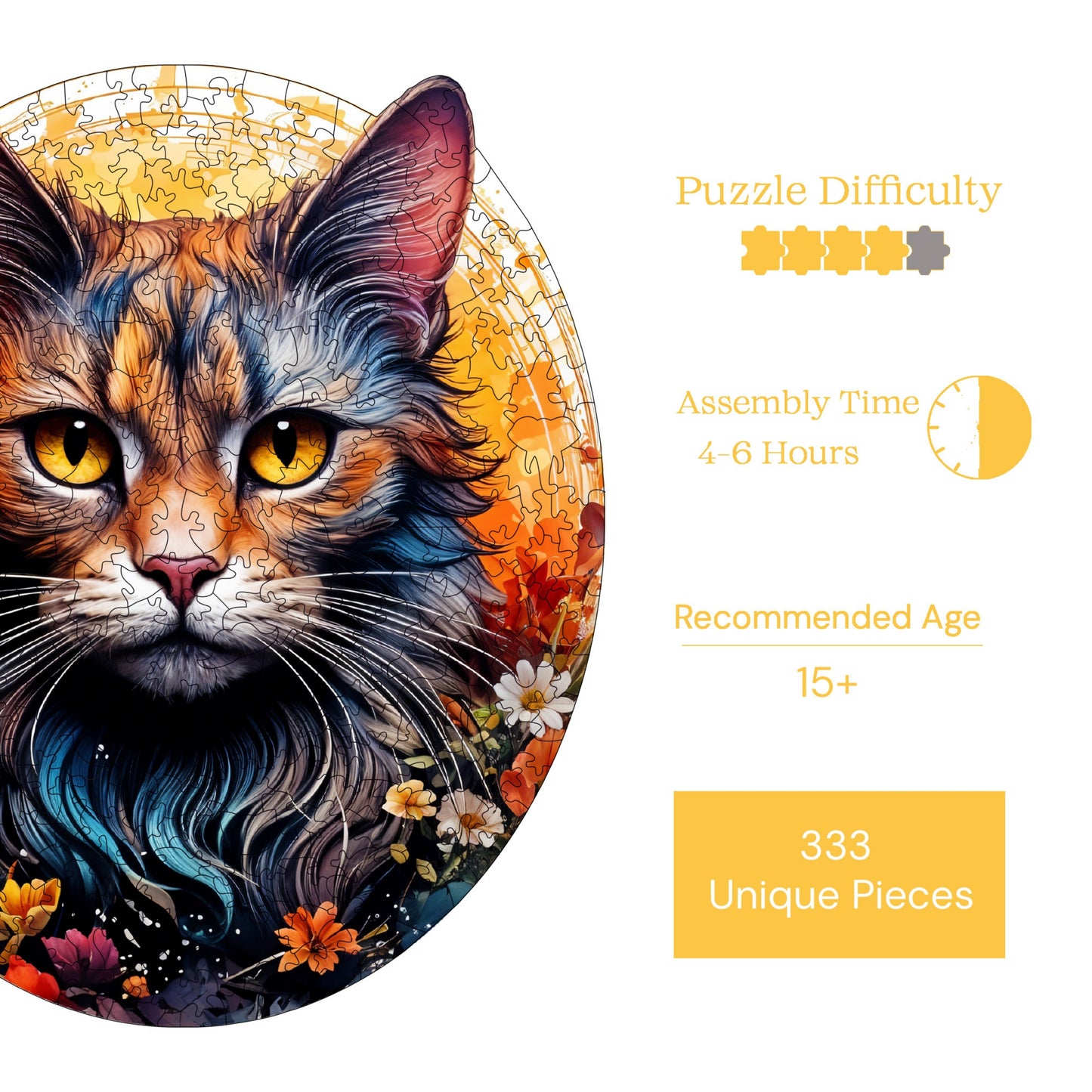 Holzpuzzle für Erwachsene, Premium-Puzzle „Katze und Blume“, 333 Teile, anspruchsvolles Holzpuzzle, 29 x 29 cm, einzigartige Form, Holzpuzzle für Erwachsene