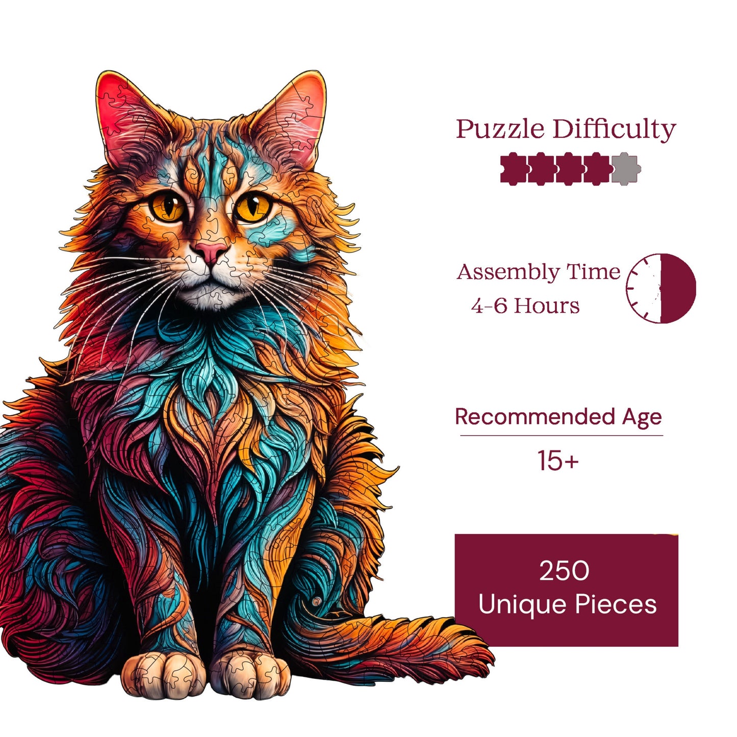 Holzpuzzle für Erwachsene, Katzen-Premium-Puzzle, 250 Teile anspruchsvolles Holzpuzzle, 10,6"x13,0" (27x33 cm) einzigartige Form, Holzpuzzle für Erwachsene