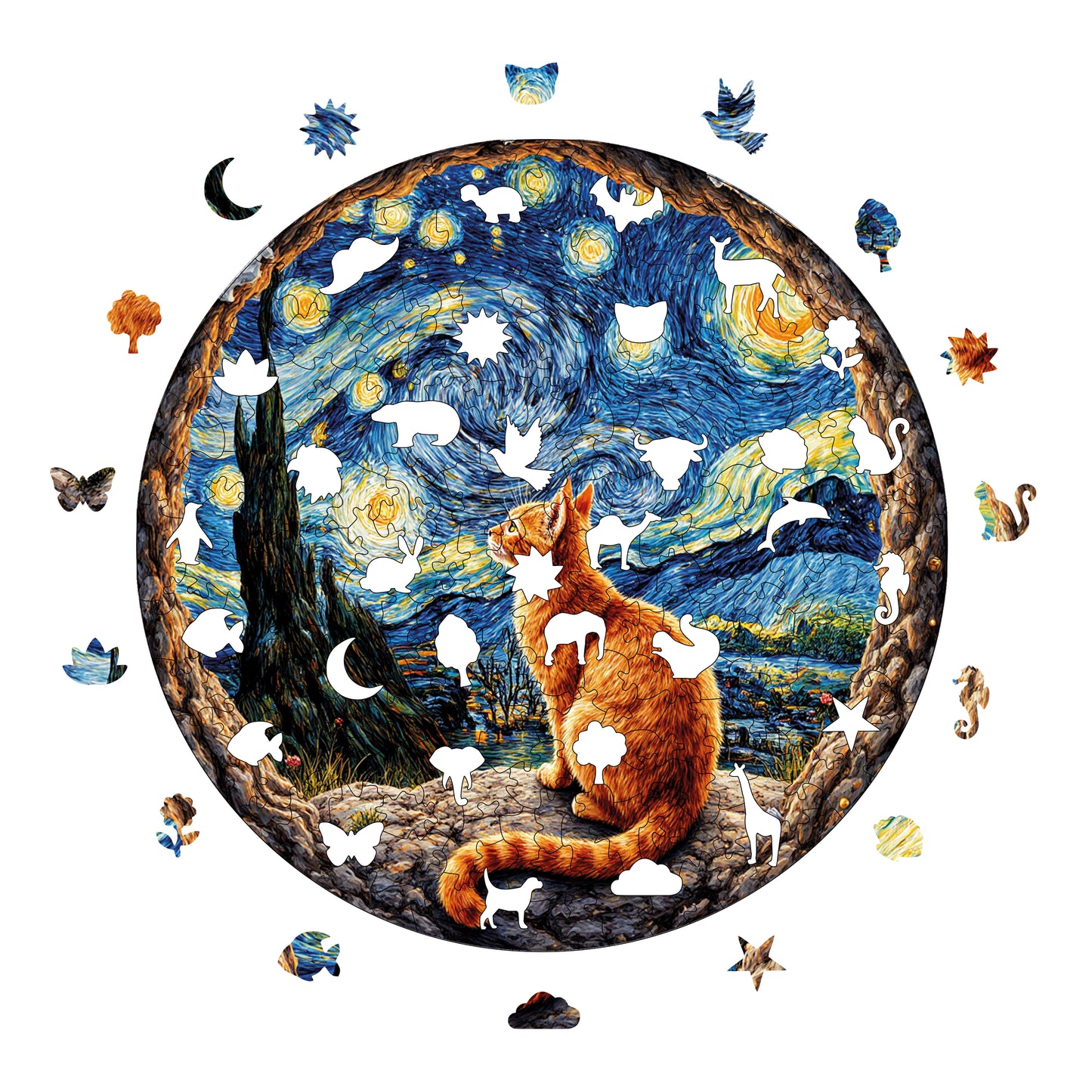 Wooden Puzzles for Adults, Cat Under the Starry Night Premium Jigsaw Puzzles, 252 Pieces Challenging Wooden Jigsaw, 11,4"x11,4" (29x29 cm)