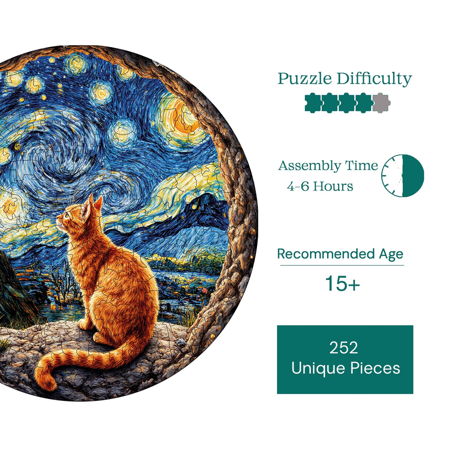 Wooden Puzzles for Adults, Cat Under the Starry Night Premium Jigsaw Puzzles, 252 Pieces Challenging Wooden Jigsaw, 11,4"x11,4" (29x29 cm)