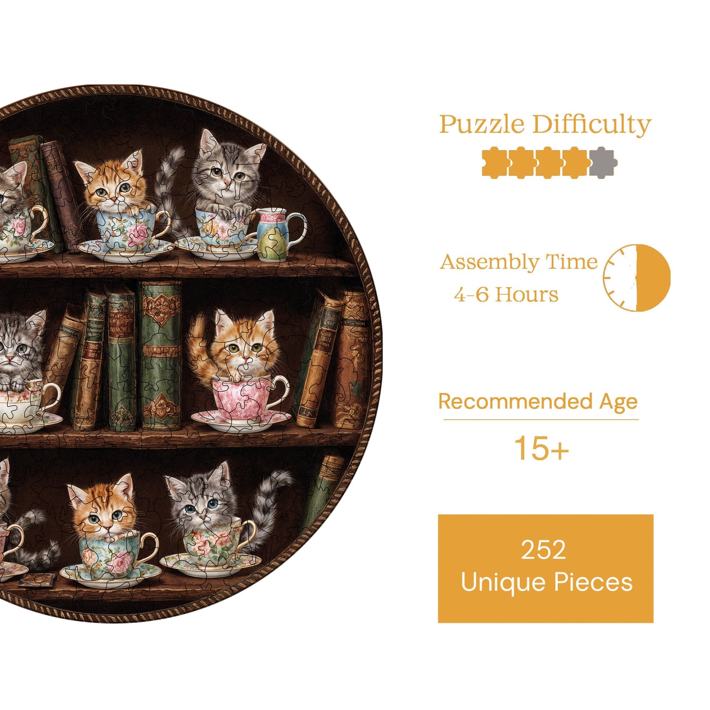Wooden Puzzles for Adults, Meowy Tea Time Premium Jigsaw Puzzles, 252 Pieces Challenging Wooden Jigsaw, 11,4"x11,4" (29x29 cm)