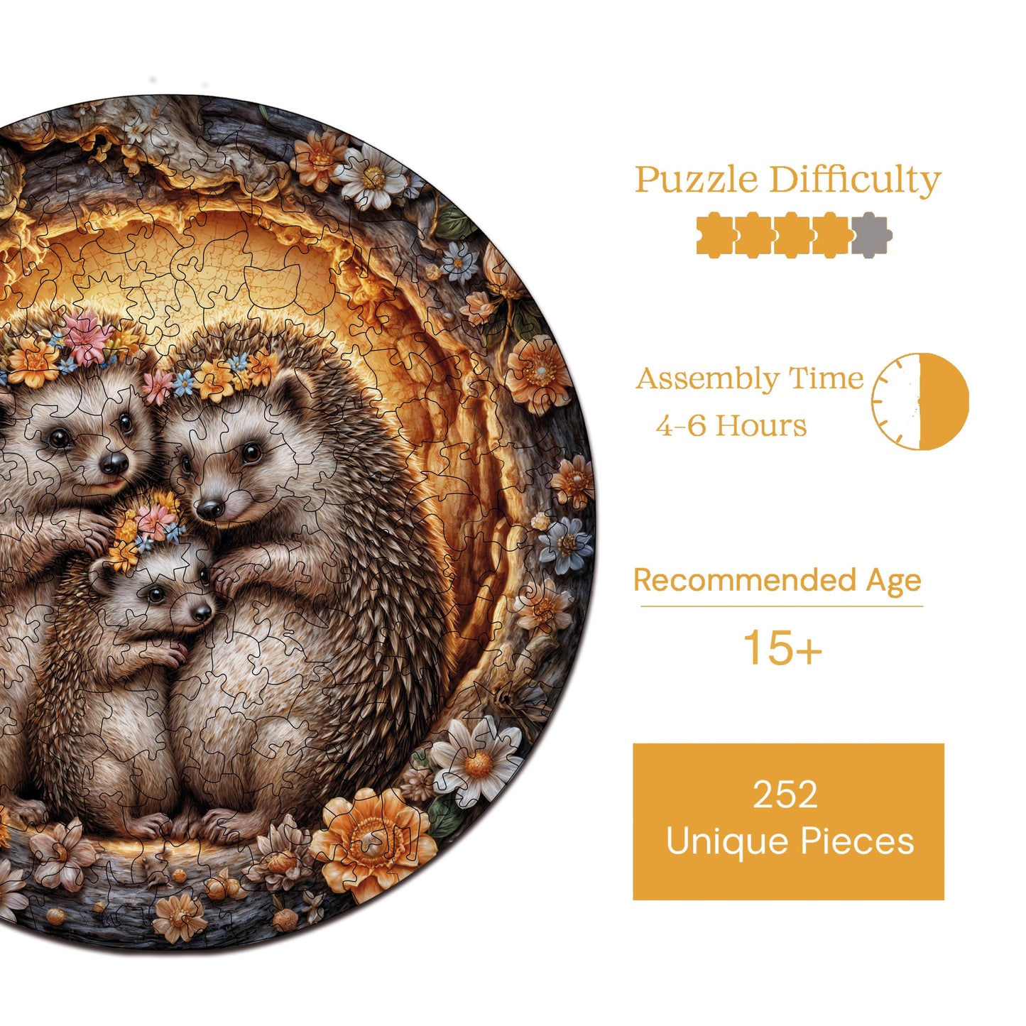 Wooden Puzzles for Adults, The Hedgehog Family Premium Jigsaw Puzzles, 252 Pieces Challenging Wooden Jigsaw, 11,4"x11,4" (29x29 cm)