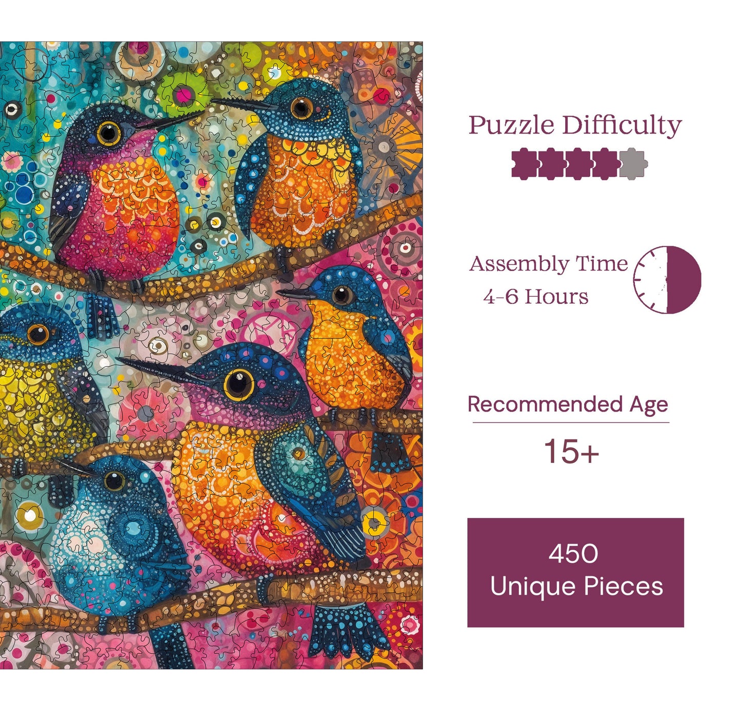 Wooden Puzzles for Adults, Cheerful Birds Premium Jigsaw Puzzles, 450 Pieces Challenging Wooden Jigsaw, 11,4"x15,4" (29x39 cm)
