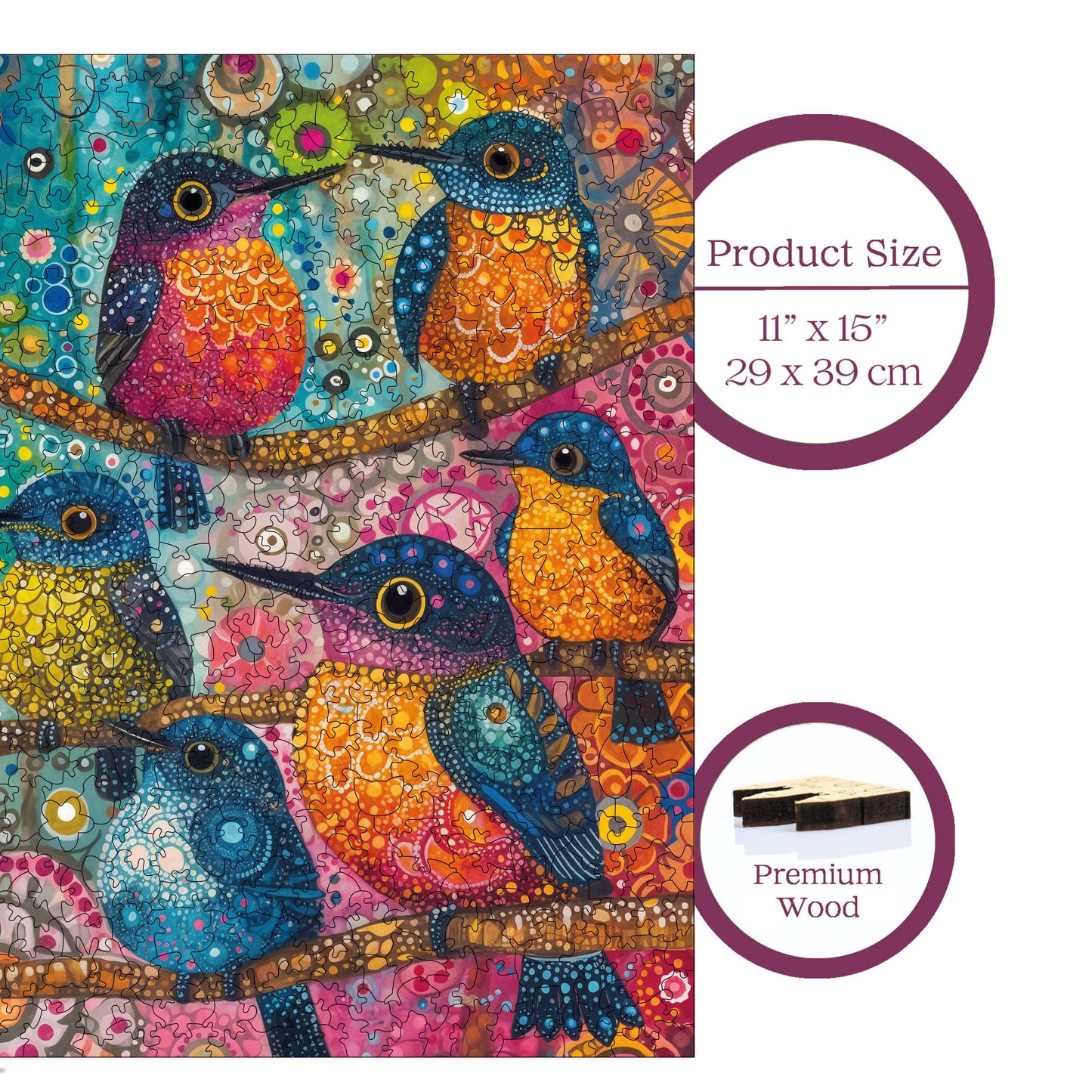 Wooden Puzzles for Adults, Cheerful Birds Premium Jigsaw Puzzles, 450 Pieces Challenging Wooden Jigsaw, 11,4"x15,4" (29x39 cm)