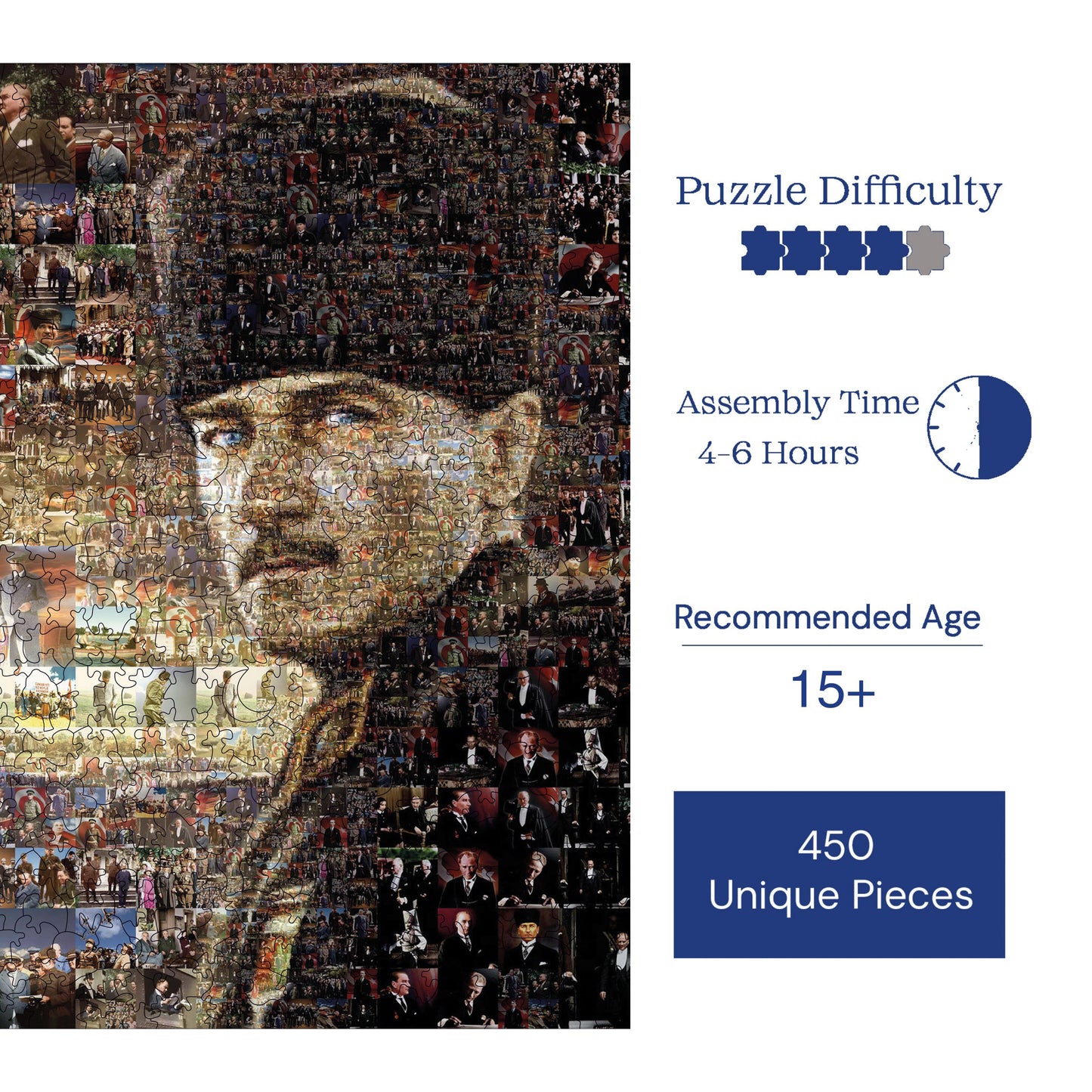Wooden Puzzles for Adults, Immortal ATATÜRK Premium Jigsaw Puzzles, 450 Pieces Challenging Wooden Jigsaw, 11,4"x15,4" (29x39 cm)