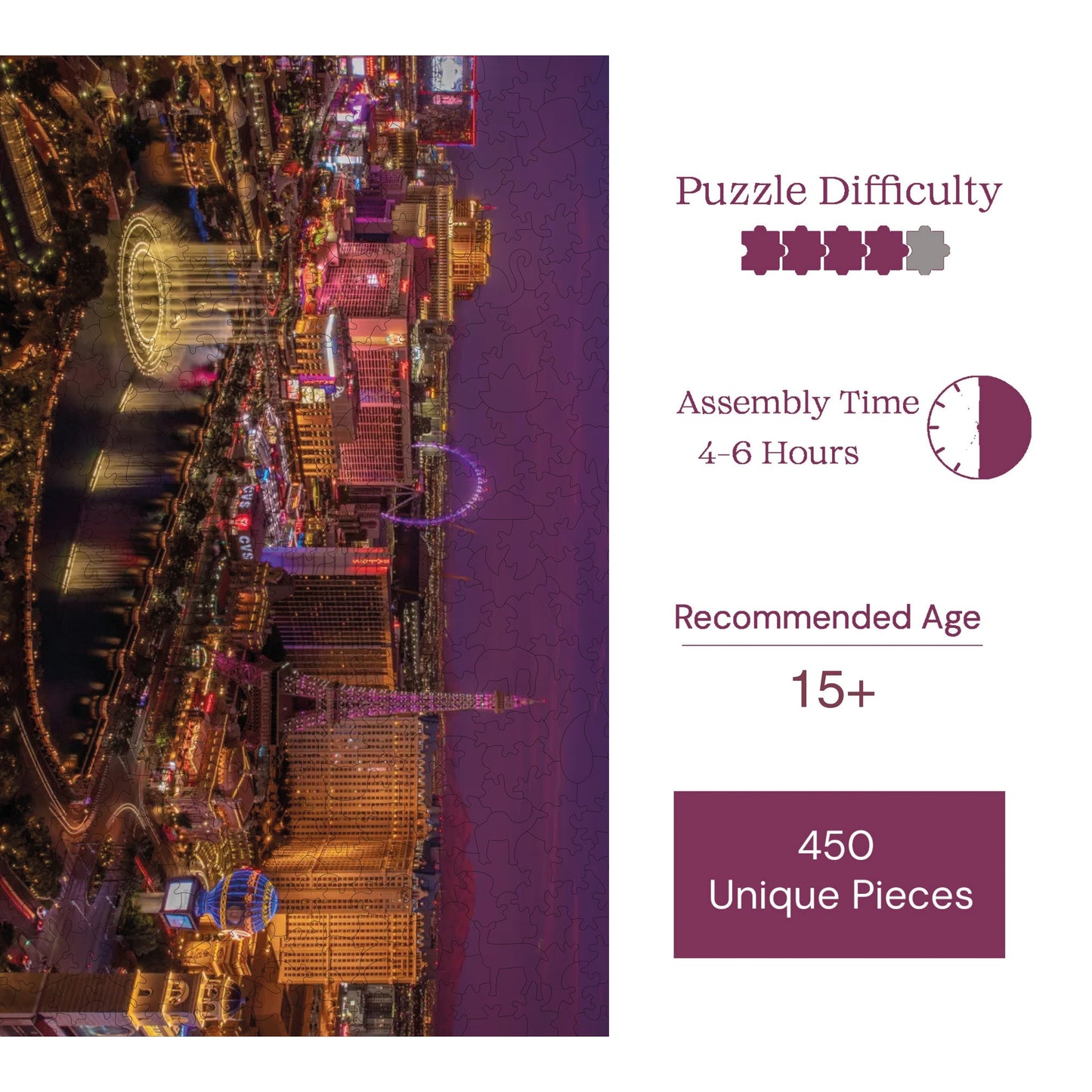 Wooden Puzzles for Adults, Vegas Nights Premium Jigsaw Puzzles, 450 Pieces Challenging Wooden Jigsaw, 11,4"x15,4" (29x39 cm)