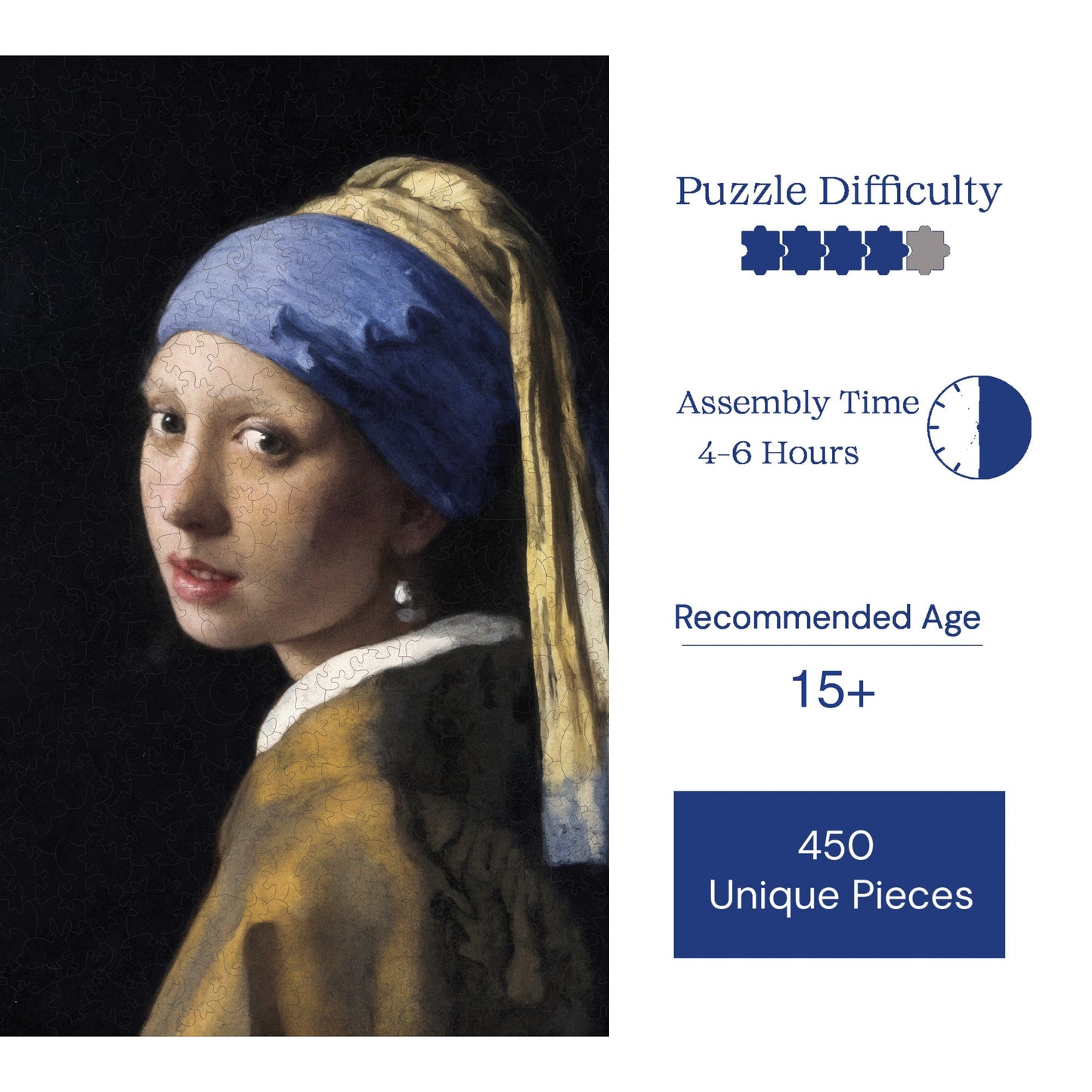 Wooden Puzzles for Adults, Girl with a Pearl Earring Premium Jigsaw Puzzles, 450 Pieces Challenging Wooden Jigsaw, 11,4"x15,4" (29x39 cm)