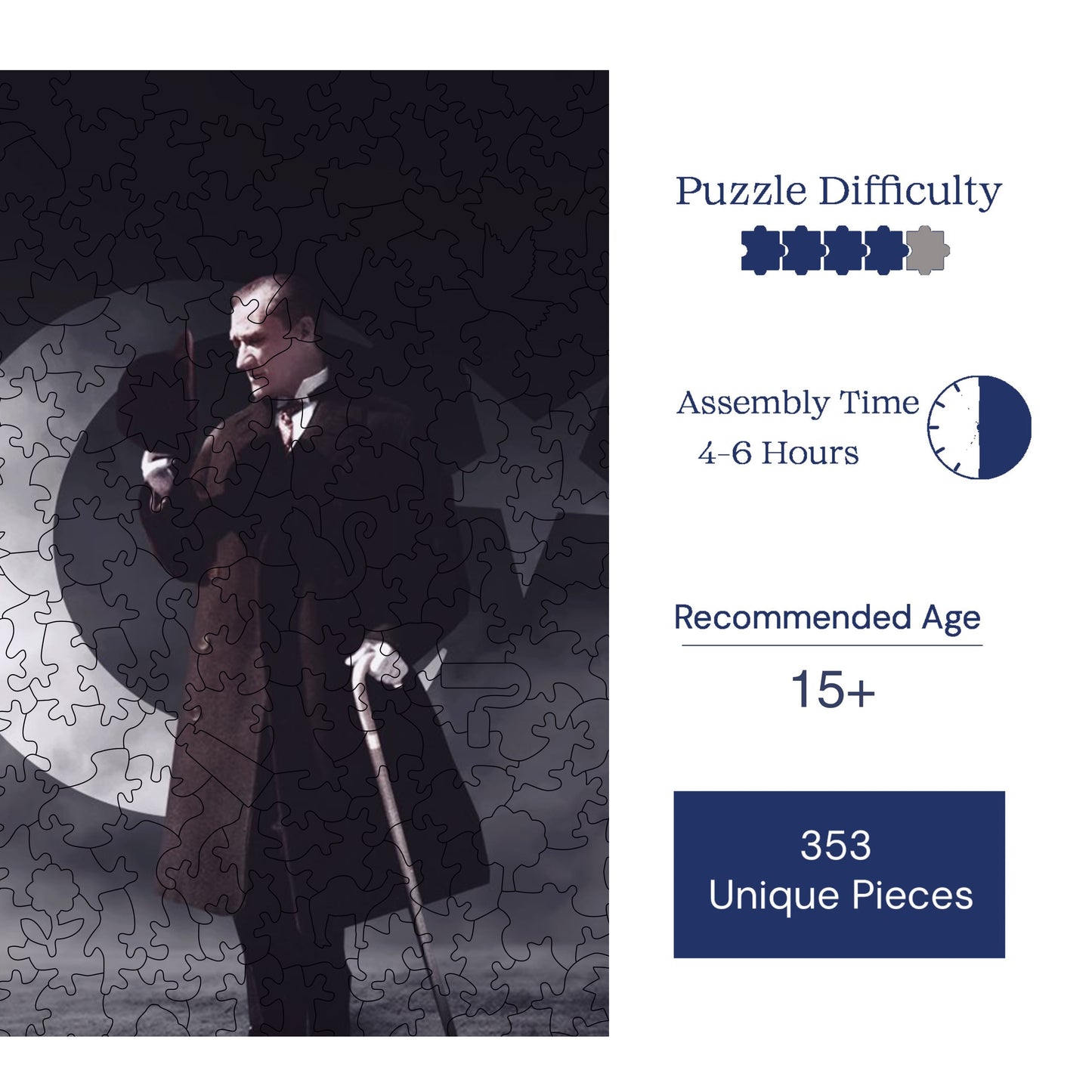 Yetişkinler İçin Ahşap Puzzle, Büyük Önder "Atatürk" Premium Puzzle, 353 Parça Zorlu Ahşap Yapboz, 11,4"x11,4" (29x29 cm) Benzersiz Şekil, Yetişkinler İçin Ahşap Yapbozlar