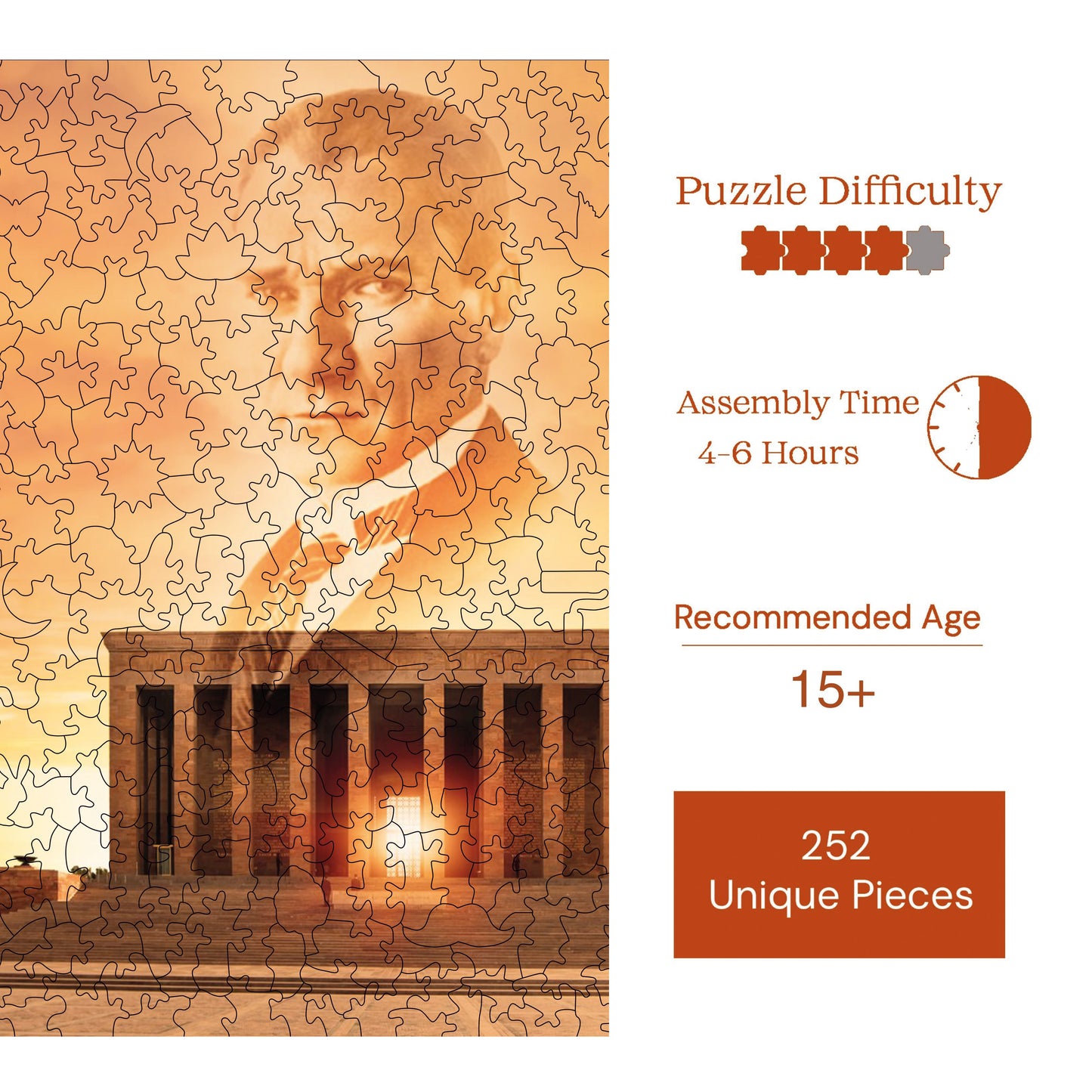 Yetişkinler İçin Ahşap Puzzle, Ebedi Lider Mustafa Kemal Atatürk Premium Puzzle, 353 Parça Zorlu Ahşap Yapboz, 11,4"x11,4" (29x29 cm) Benzersiz Şekil, Yetişkinler İçin Ahşap Yapbozlar