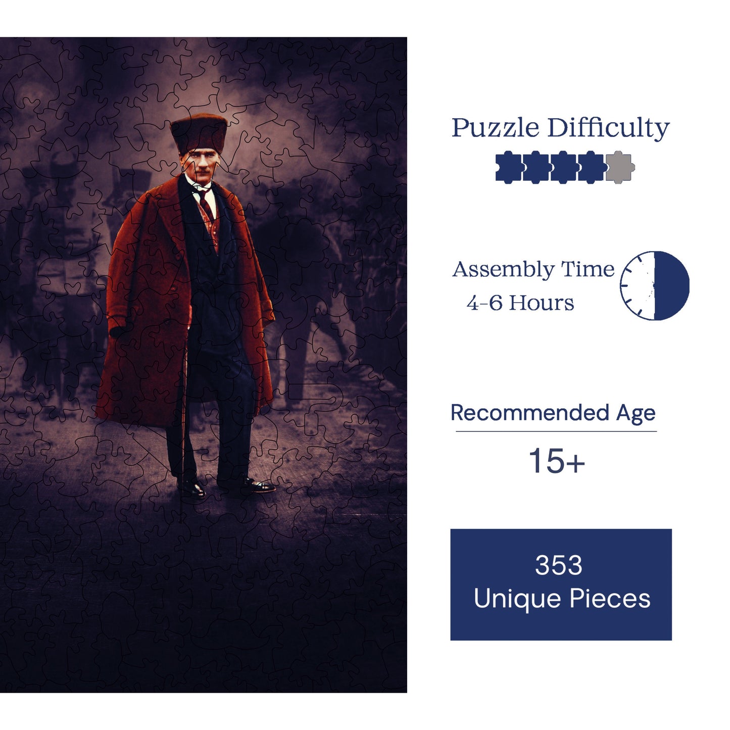 Yetişkinler İçin Ahşap Puzzle, Mustafa Kemal ATATÜRK Premium Puzzle, 353 Parça Zorlu Ahşap Yapboz, 11,4"x11,4" (29x29 cm) Benzersiz Şekil, Yetişkinler İçin Ahşap Yapbozlar