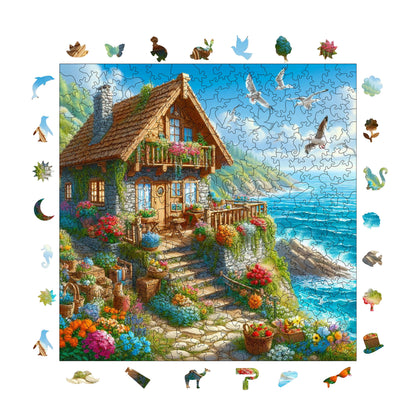 Wooden Puzzles for Adults, Cottage by the Sea Premium Jigsaw Puzzles, 353 Pieces Challenging Wooden Jigsaw, 11,4"x11,4" (29x29 cm)
