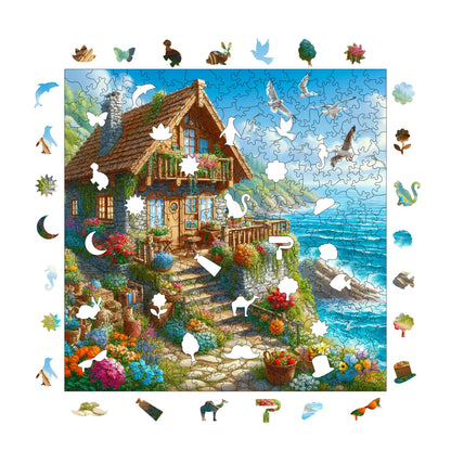 Wooden Puzzles for Adults, Cottage by the Sea Premium Jigsaw Puzzles, 353 Pieces Challenging Wooden Jigsaw, 11,4"x11,4" (29x29 cm)