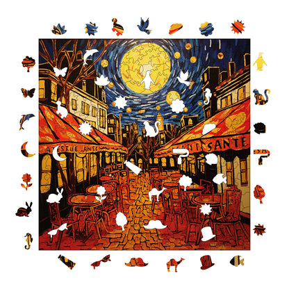 Wooden Puzzles for Adults, Van Gogh Cafe Terrace Starry Night Reproduction Premium Jigsaw Puzzles, 353 Pieces Wooden Jigsaw, 11,4"x11,4" (29x29 cm)