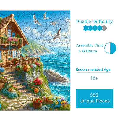Wooden Puzzles for Adults, Cottage by the Sea Premium Jigsaw Puzzles, 353 Pieces Challenging Wooden Jigsaw, 11,4"x11,4" (29x29 cm)
