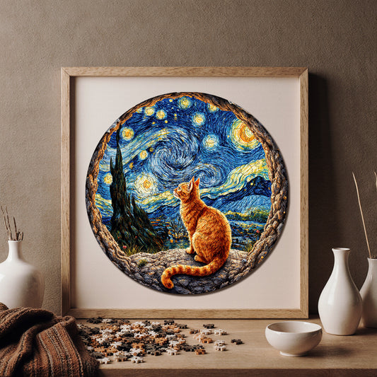 Wooden Puzzles for Adults, Cat Under the Starry Night Premium Jigsaw Puzzles, 252 Pieces Challenging Wooden Jigsaw, 11,4"x11,4" (29x29 cm)
